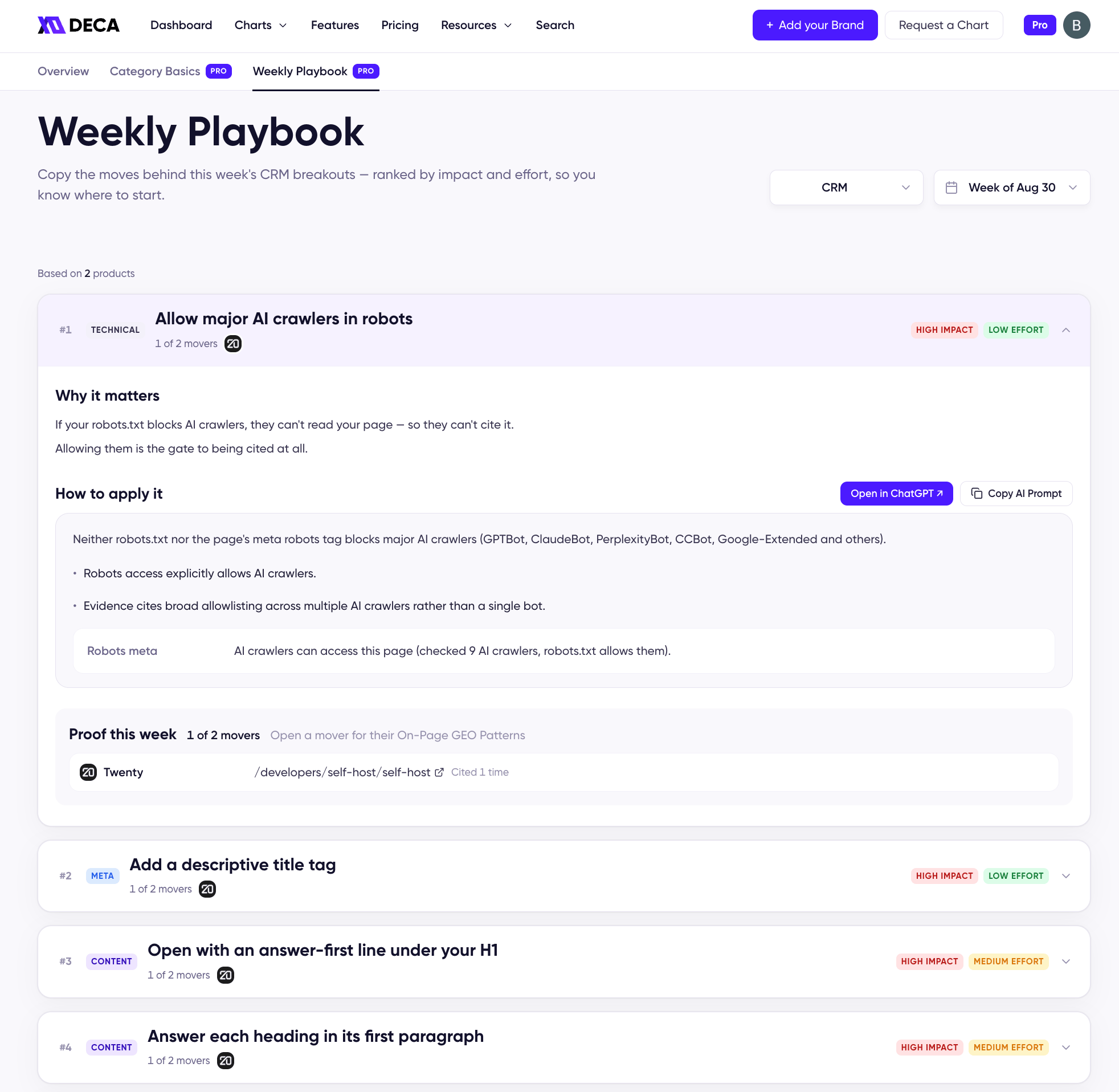 An expanded Weekly Playbook play with why it matters, how to apply it with Open in ChatGPT and Copy AI Prompt buttons, and this week's proof from a mover's cited page