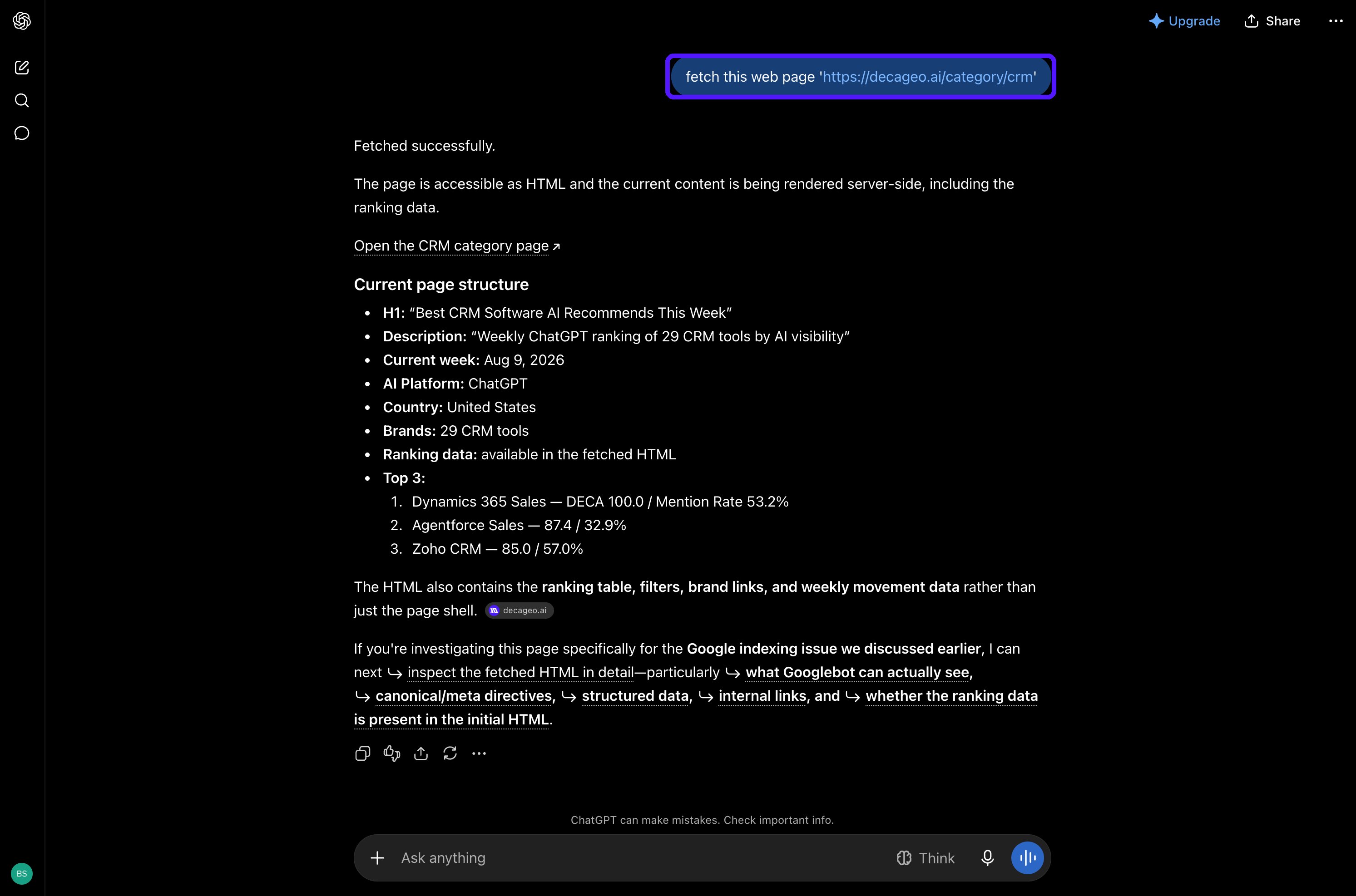 A ChatGPT conversation with the fetch-this-web-page prompt highlighted, and the model replying that it fetched the page successfully and summarizing the page's structure.