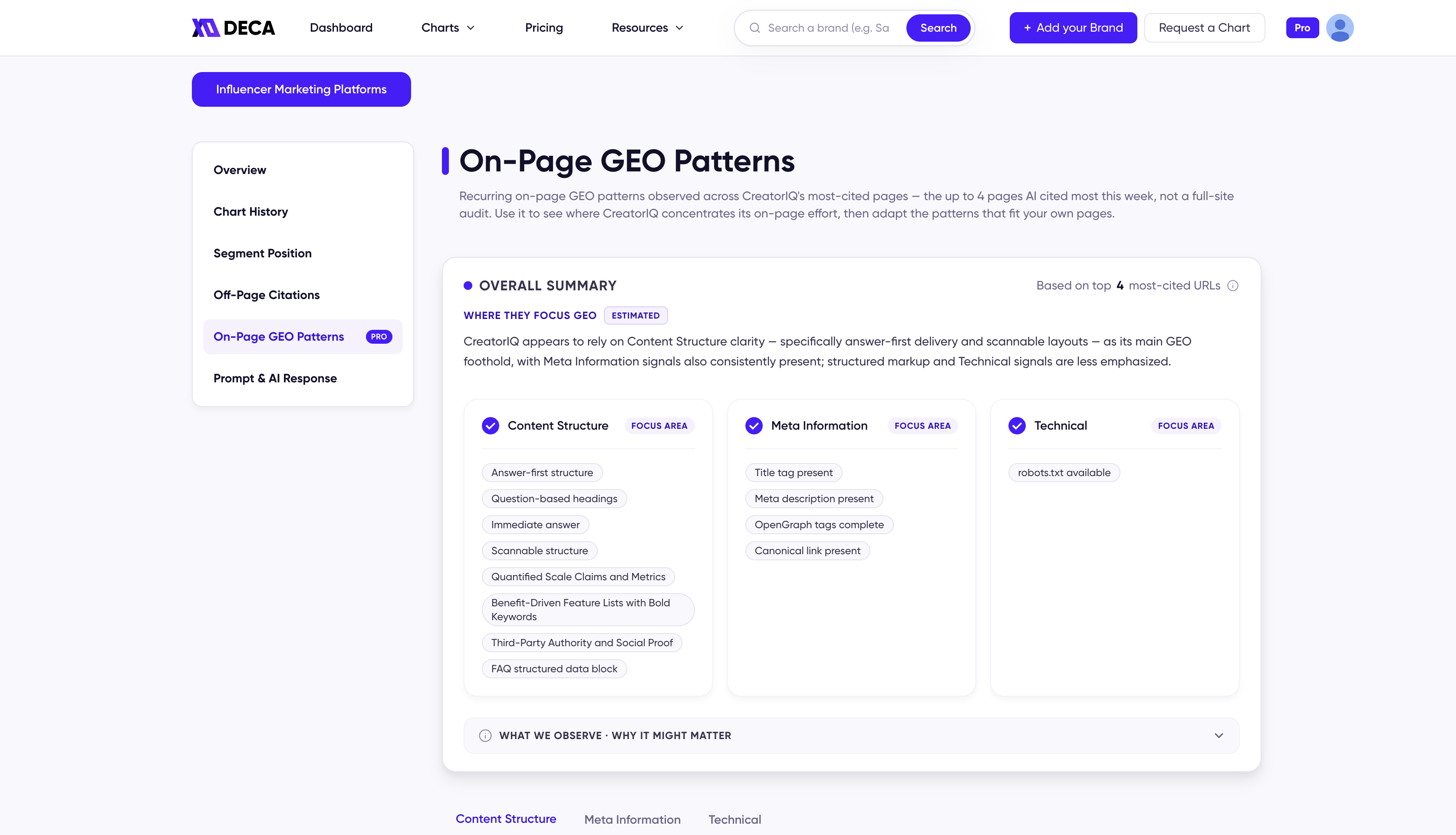 The On-Page GEO Patterns tab showing three focus areas (Content Structure, Meta Information, and Technical) with the patterns observed on the product's most-cited pages.