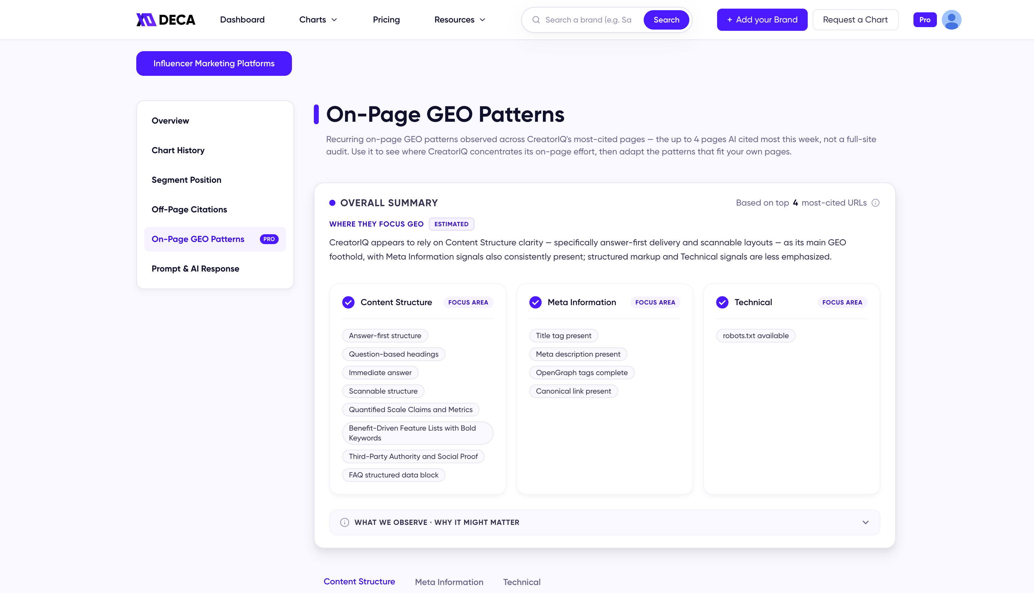 The On-Page GEO Patterns tab showing three focus areas (Content Structure, Meta Information, and Technical) with the patterns observed on the product's most-cited pages.