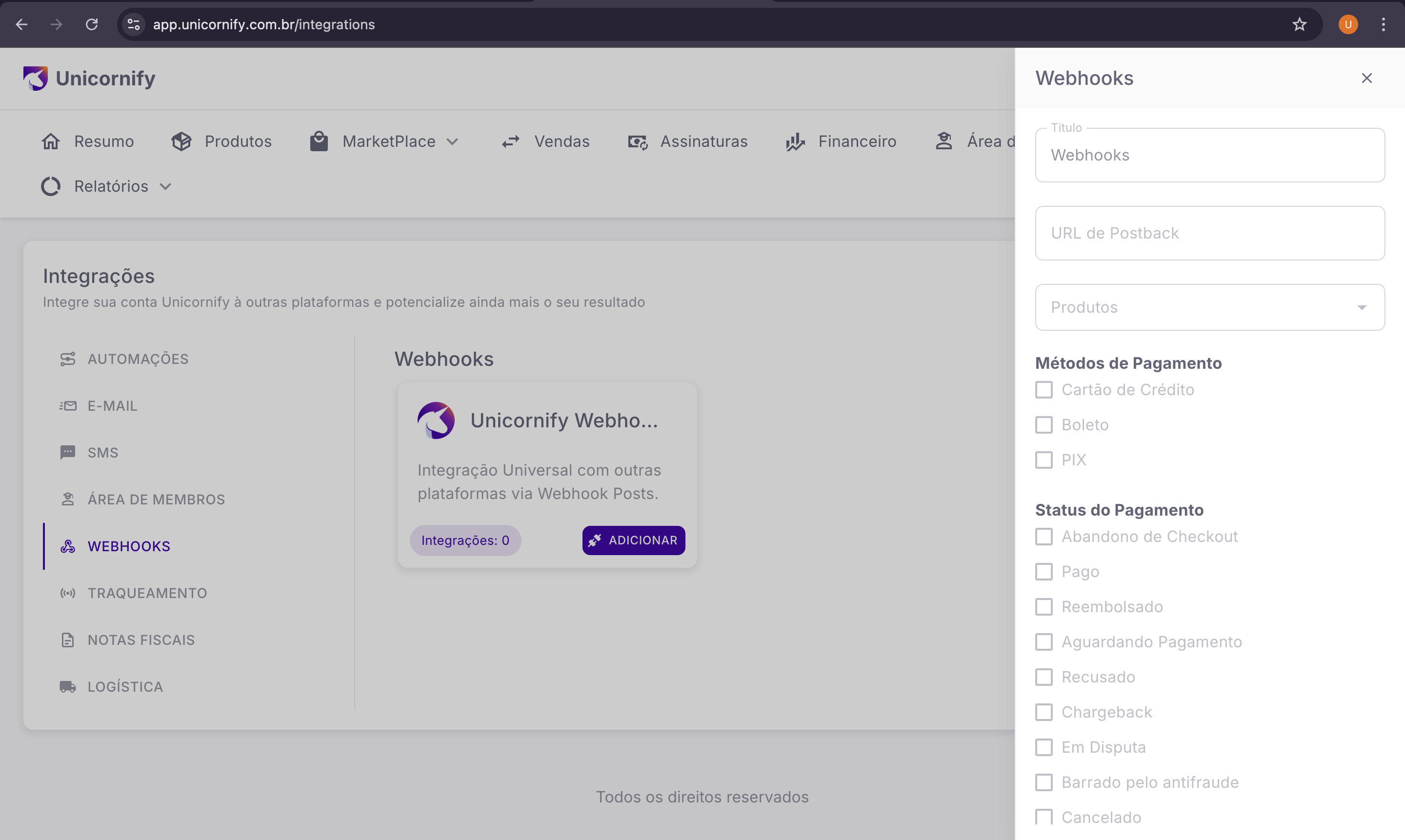 Pagina de token da Unicornify