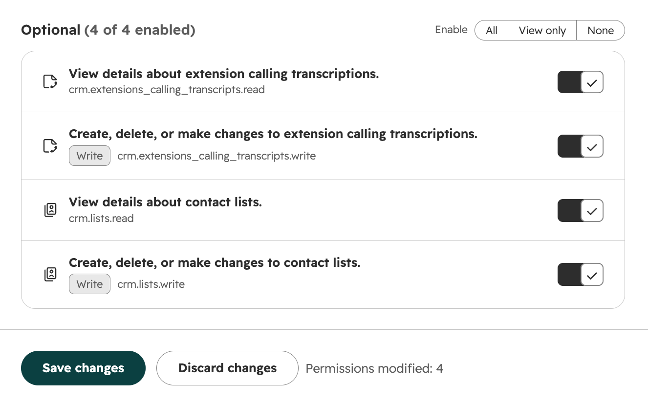 HubSpot's optional app permissions enabled for calling transcriptions and contact lists, with Save changes below.