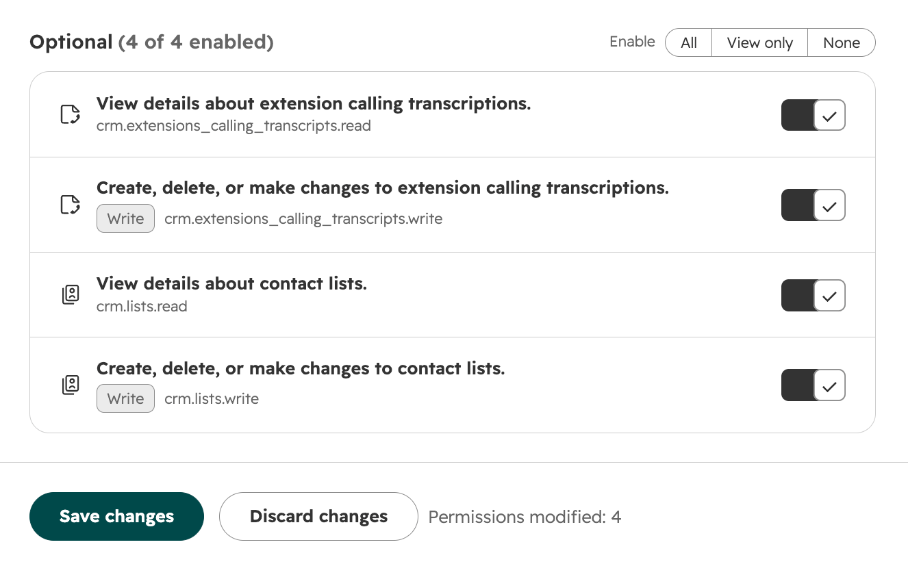 HubSpot's optional app permissions enabled for calling transcriptions and contact lists, with Save changes below.