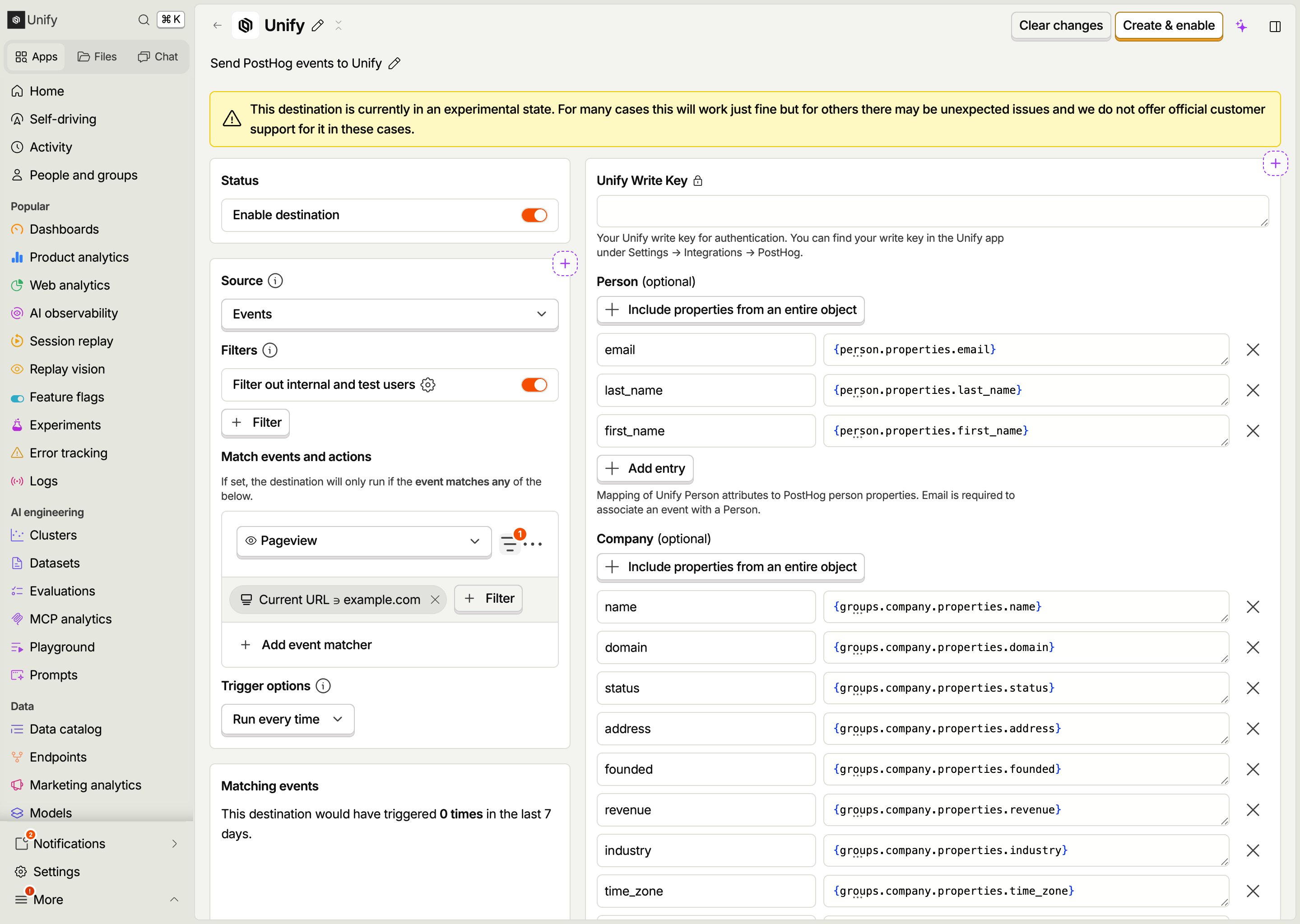 PostHog's Unify destination with an example pageview filter and person and company attribute mappings.