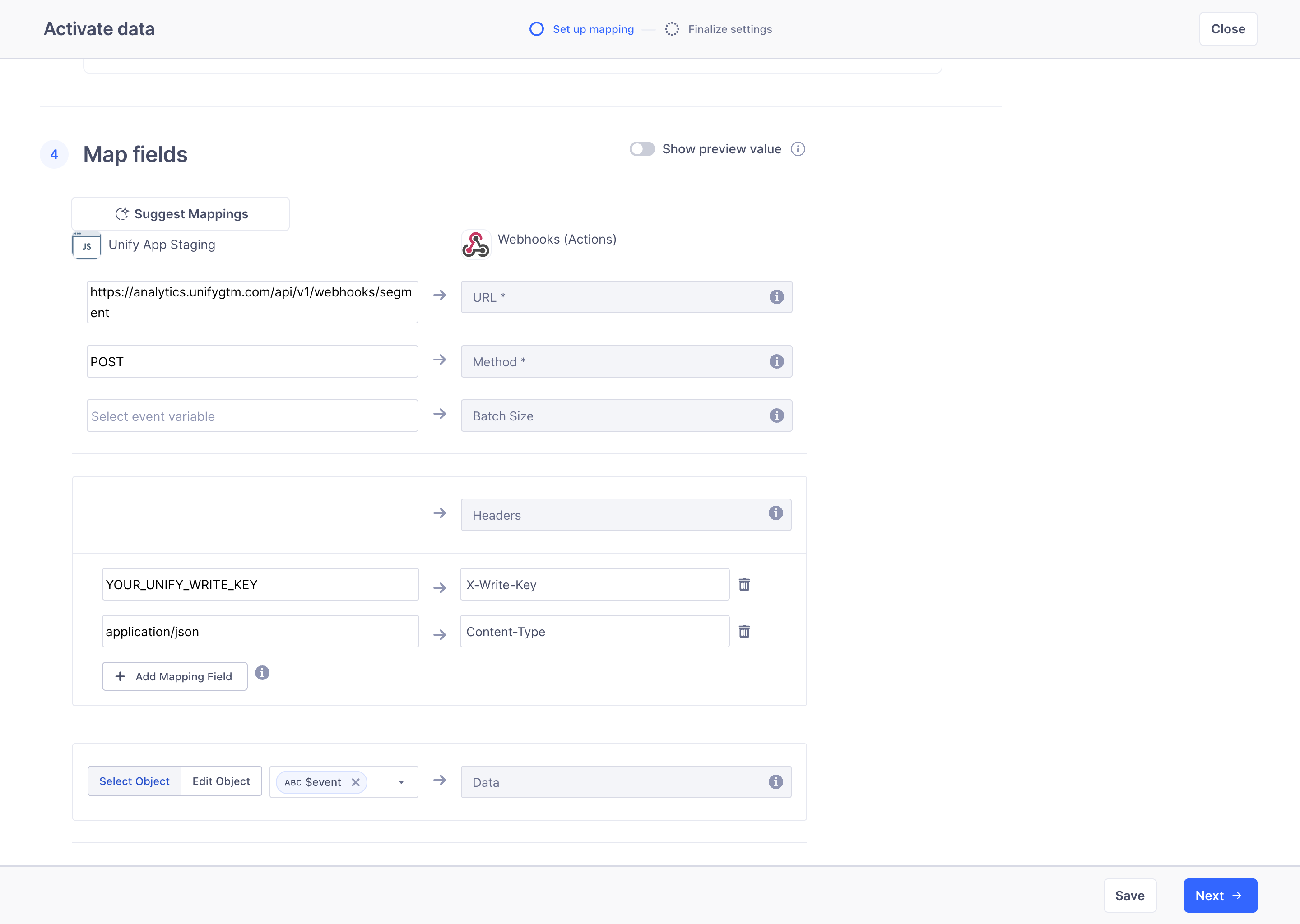 Segment webhook mapping with the Unify endpoint, POST method, placeholder write key, JSON content type, and complete event payload.