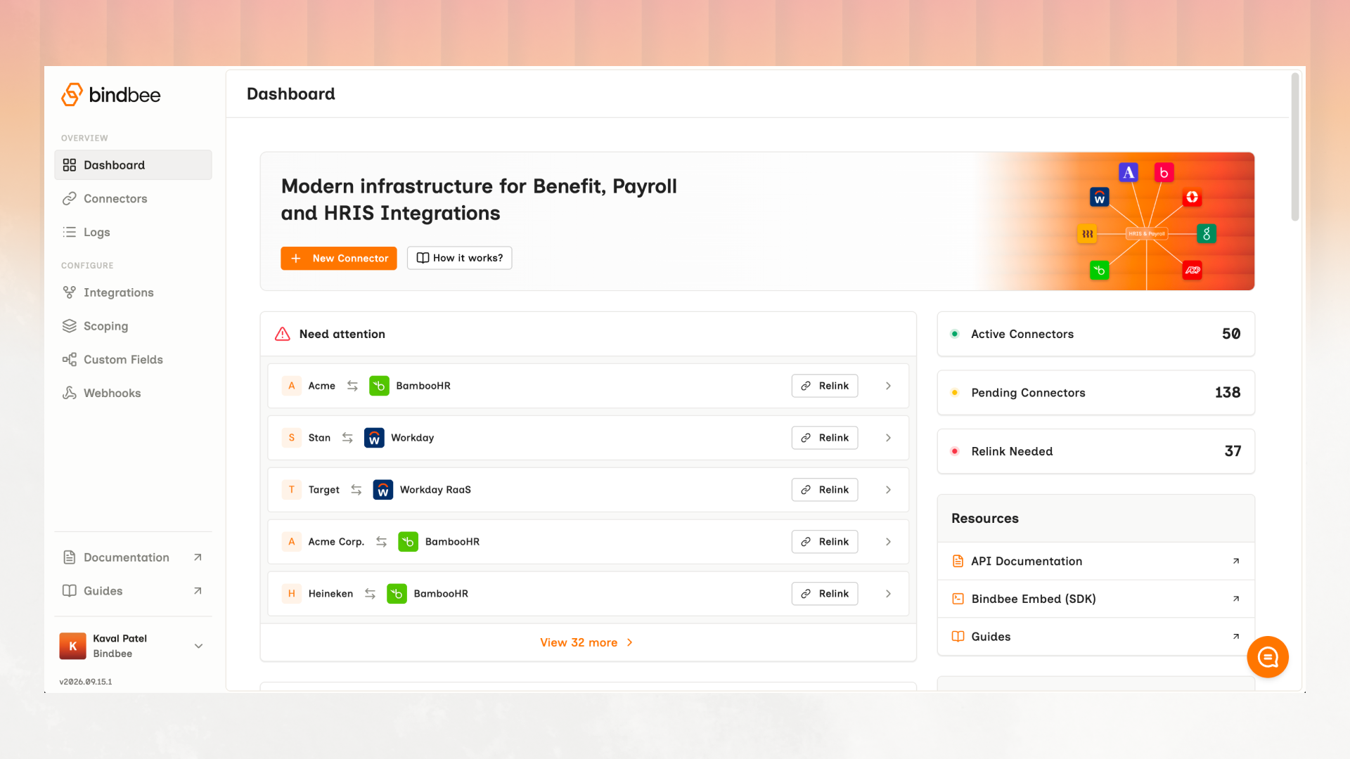 The Bindbee Dashboard, with a New Connector button, connectors grouped by integration - BambooHR 114, Workday 80, Quickbooks 21, UKG Ready 15 - and counts reading Active Connectors 162, Pending Connectors 112 and Relink Needed 38