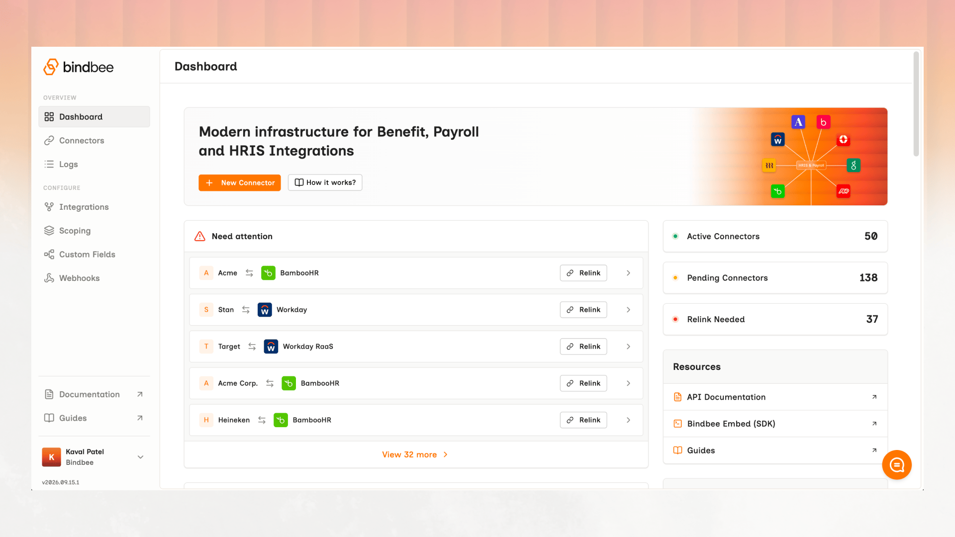 The Bindbee Dashboard, with a New Connector button, connectors grouped by integration - BambooHR 114, Workday 80, Quickbooks 21, UKG Ready 15 - and counts reading Active Connectors 162, Pending Connectors 112 and Relink Needed 38
