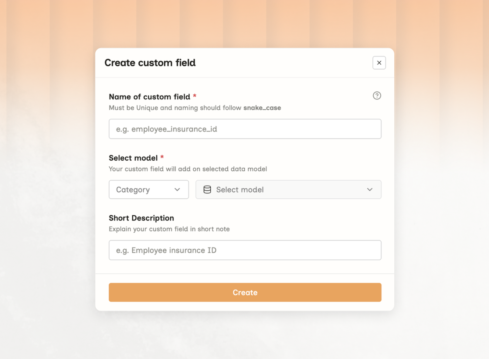 Create custom field dialog with fields for name, category, model and short description