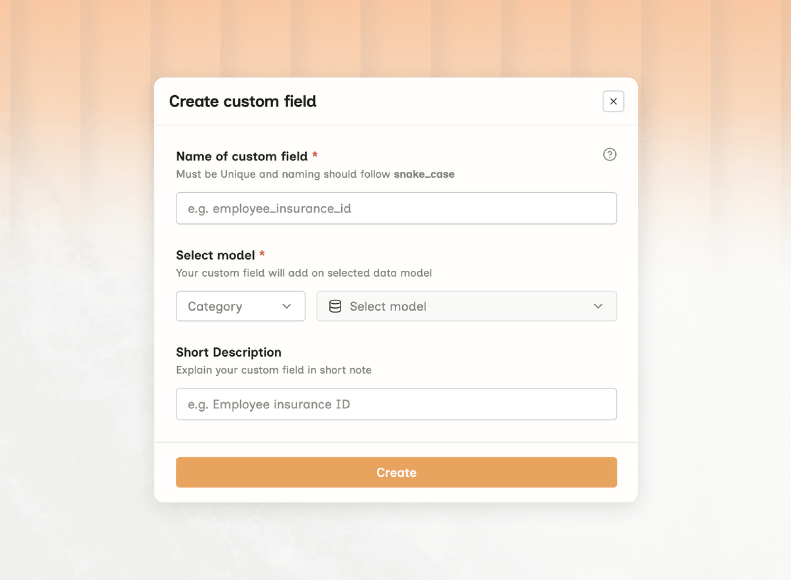 Create custom field dialog with fields for name, category, model and short description