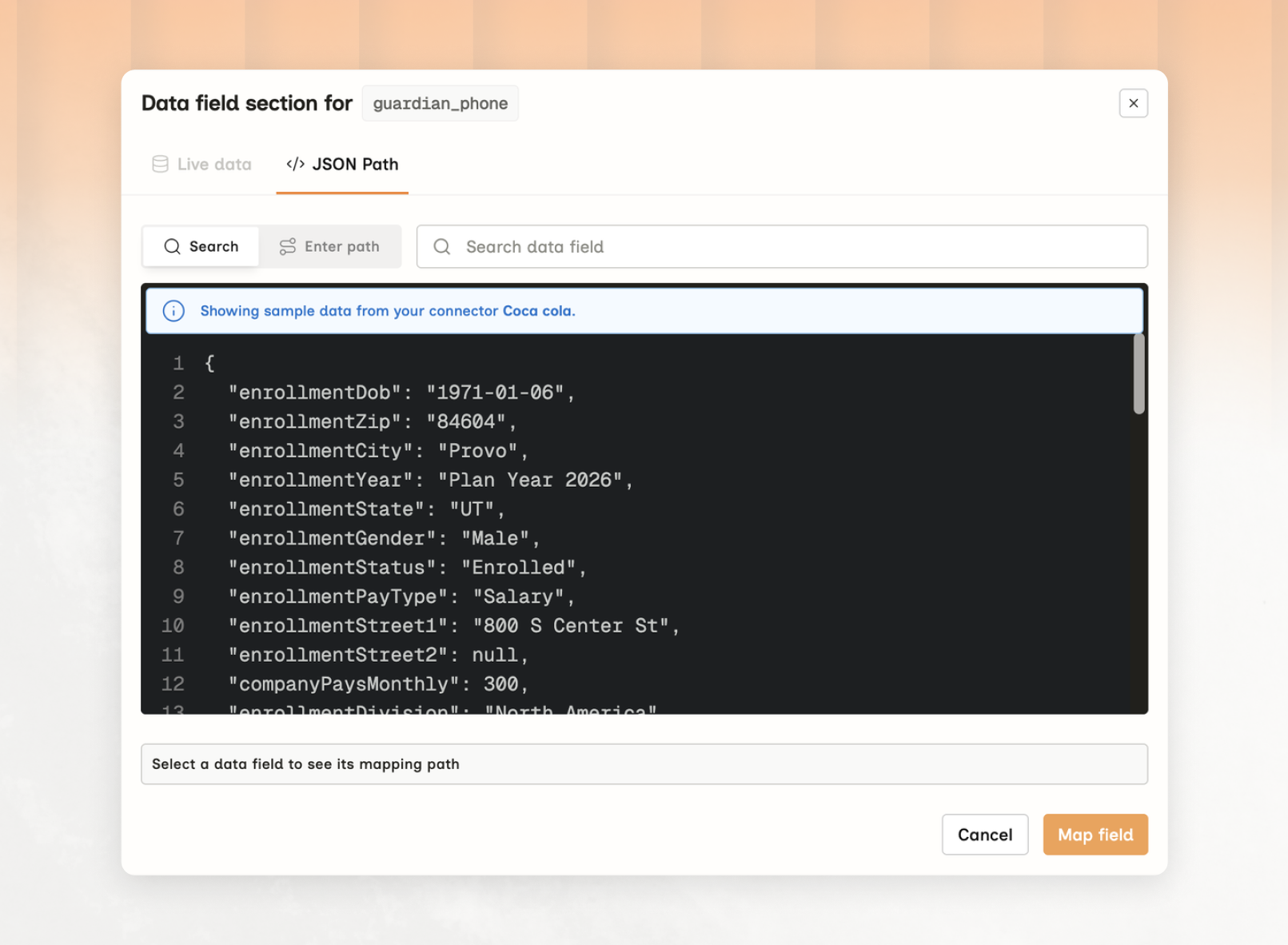 JSON Path tab showing sample data from a named connector, with search and enter path controls