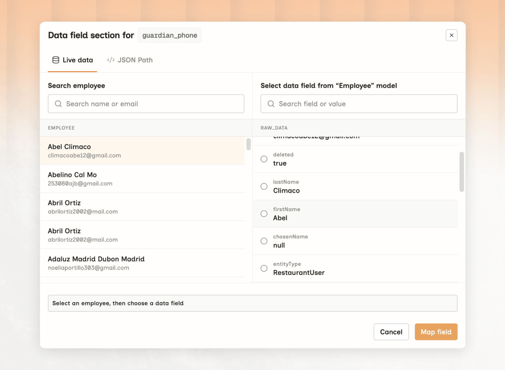 Data field picker on the Live data tab, with an employee search list beside the raw data fields for the selected employee
