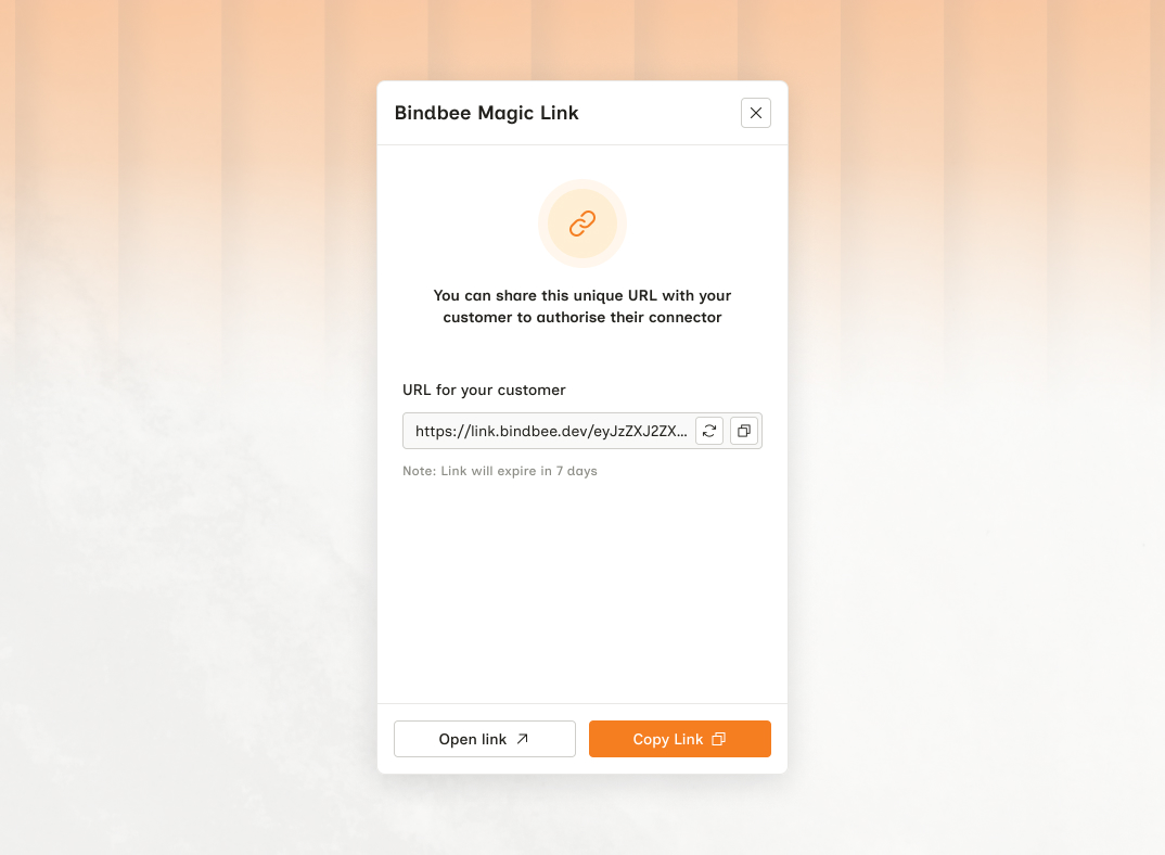The Bindbee Magic Link dialog showing the generated URL for your customer on link.bindbee.dev, a note reading 'Link will expire in 7 days', and Open Link and Copy Link buttons