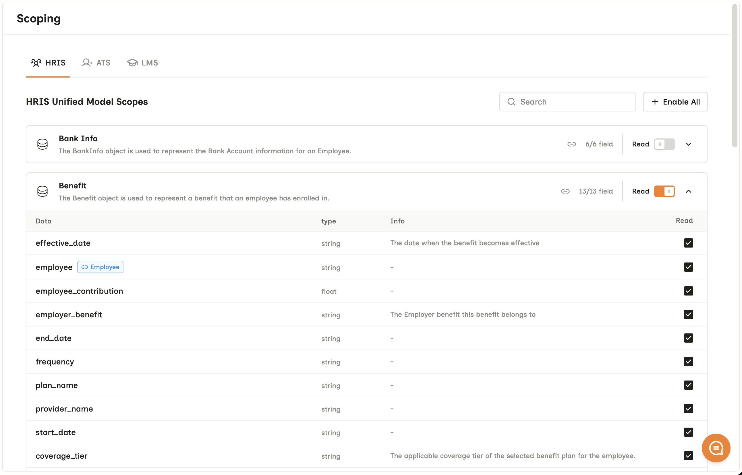 The Scoping screen with HRIS, ATS and LMS tabs. Bank Info is switched off; Benefit is switched on and expanded, listing fields such as effective_date, employee_contribution, plan_name and coverage_tier, each with a Read checkbox
