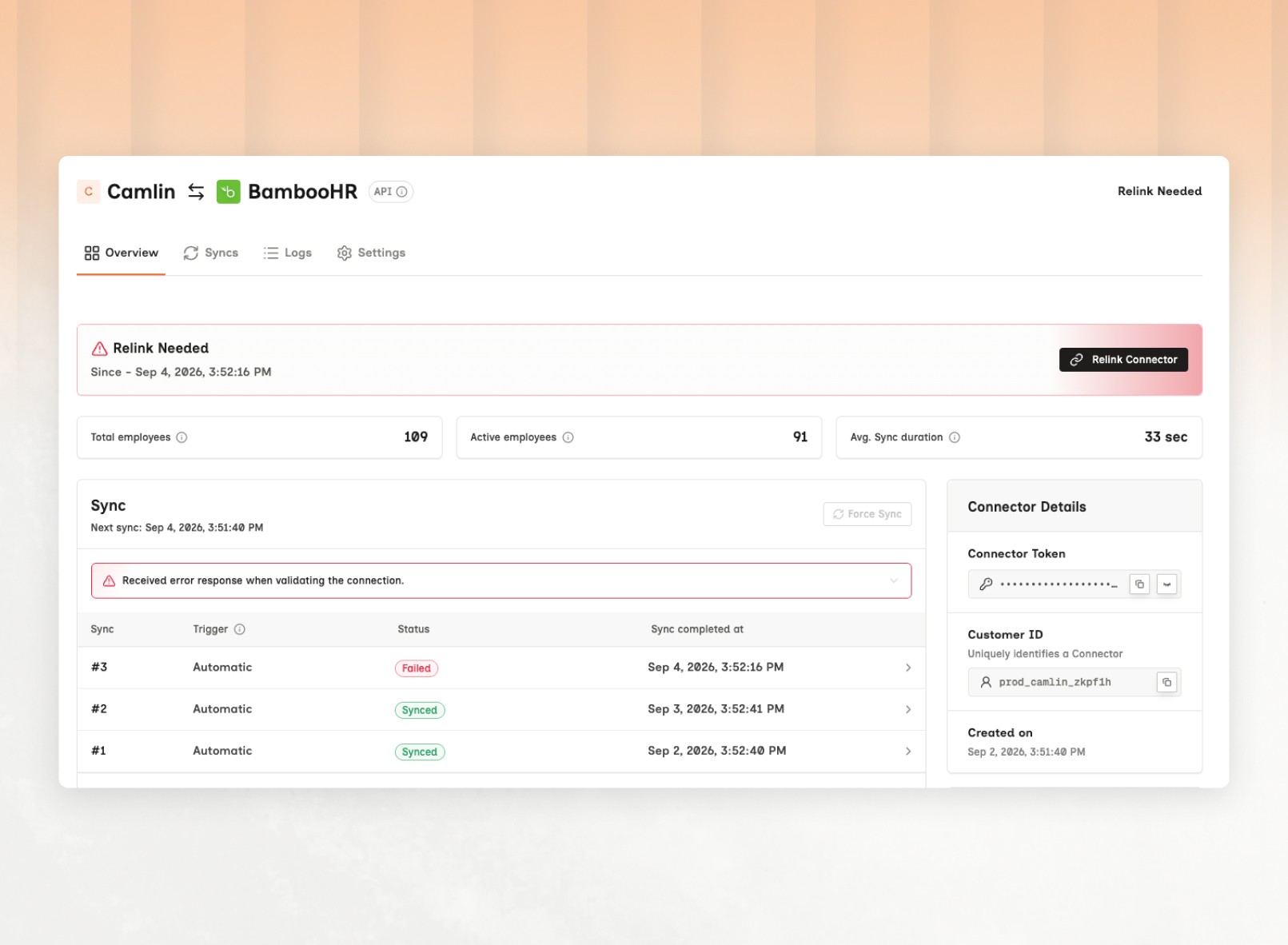 A connector page showing a Relink Needed banner with the date since it entered that state and a Relink Connector button, a grayed-out Force Sync control, and a sync history whose most recent run is marked Failed