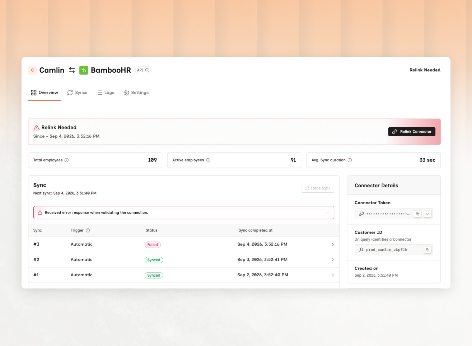 A connector page showing a Relink Needed banner with the date since it entered that state and a Relink Connector button, a grayed-out Force Sync control, and a sync history whose most recent run is marked Failed