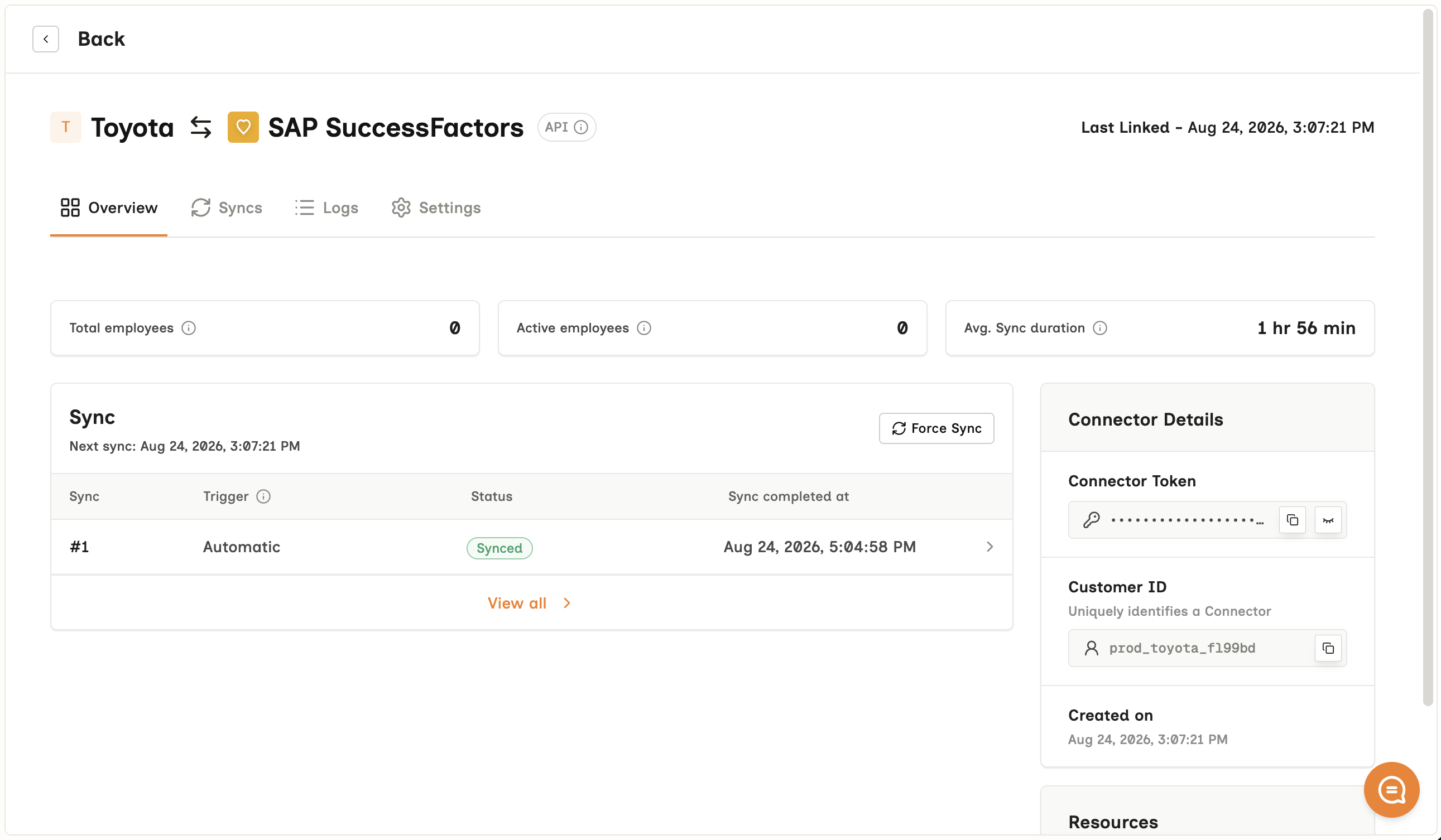 A single connector's Overview tab - Toyota linked to SAP SuccessFactors over an API connection, with Total employees, Active employees and Avg. sync duration, a Force Sync button, one sync history row marked Synced, and a Connector Details panel holding the masked Connector Token and the Customer ID prod_toyota_f199bd