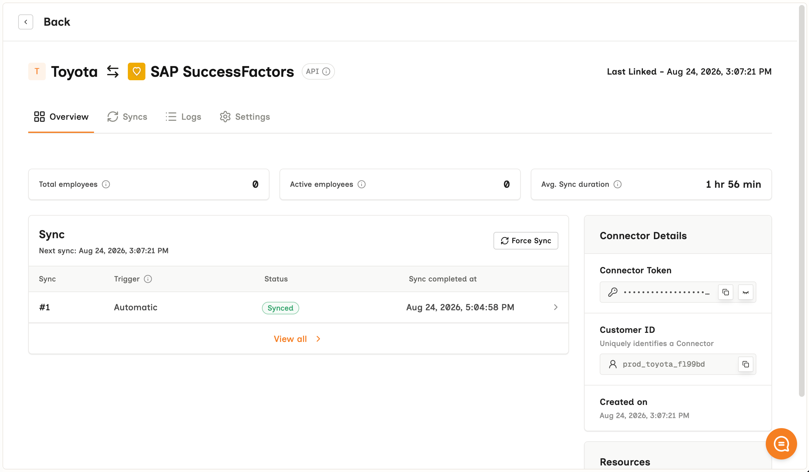 A single connector's Overview tab - Toyota linked to SAP SuccessFactors over an API connection, with Total employees, Active employees and Avg. sync duration, a Force Sync button, one sync history row marked Synced, and a Connector Details panel holding the masked Connector Token and the Customer ID prod_toyota_f199bd