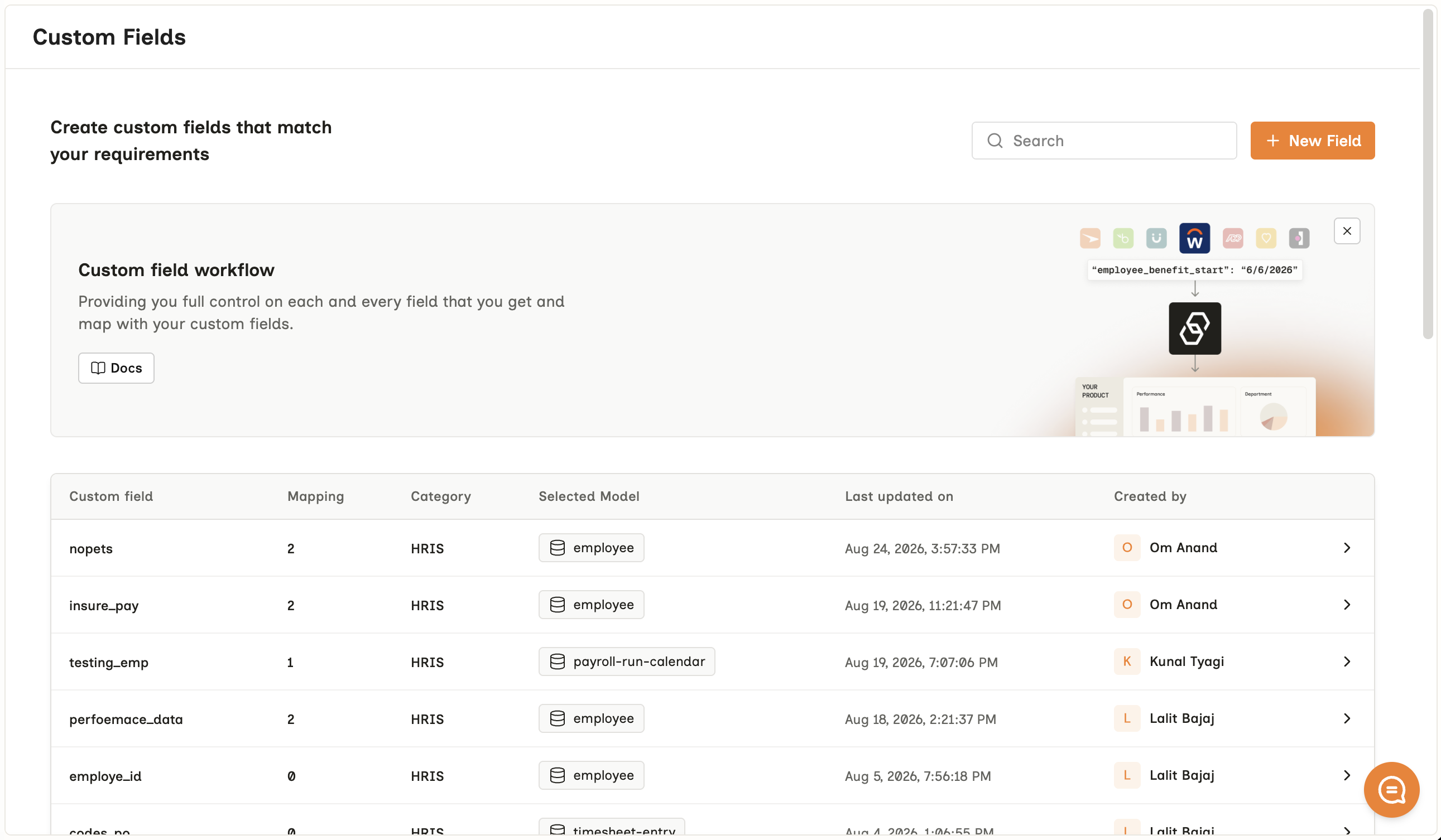 The Custom Fields screen with a New Field button and a table of existing fields - nopets, insure_pay, testing_emp - each showing how many mappings it has, its category, the model it attaches to such as employee or payroll-run-calendar, and when it was last updated