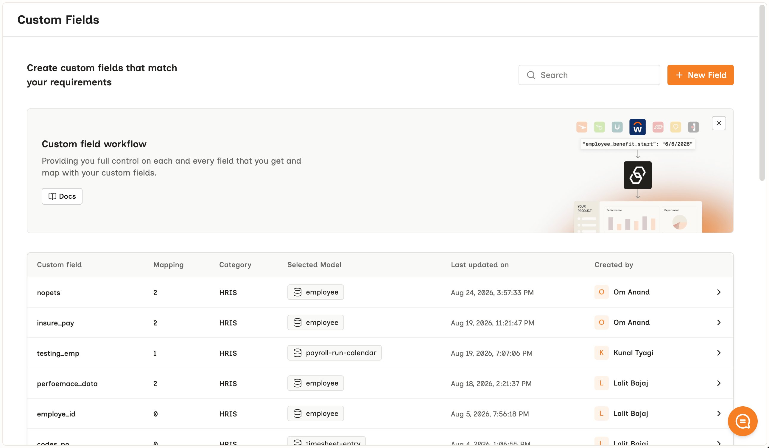 The Custom Fields screen with a New Field button and a table of existing fields - nopets, insure_pay, testing_emp - each showing how many mappings it has, its category, the model it attaches to such as employee or payroll-run-calendar, and when it was last updated