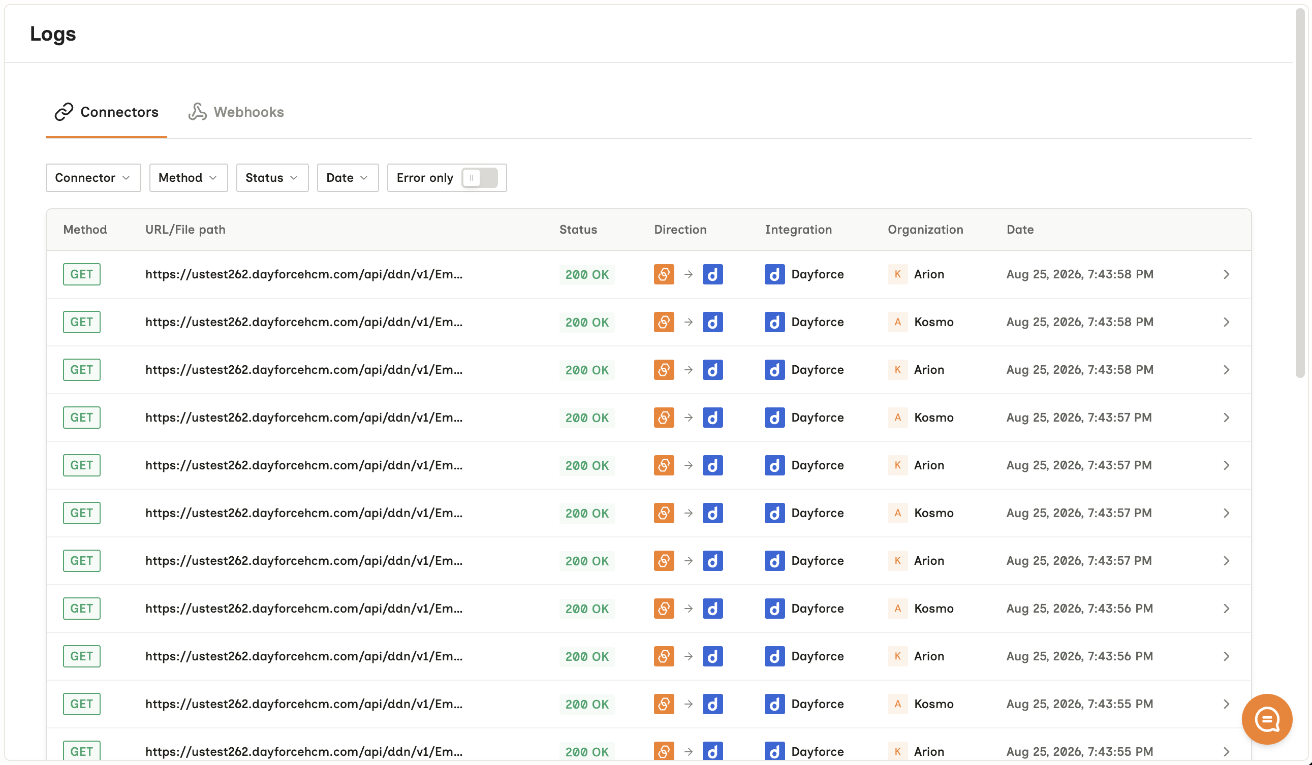 The Logs view in the Bindbee Dashboard, listing requests by connector
