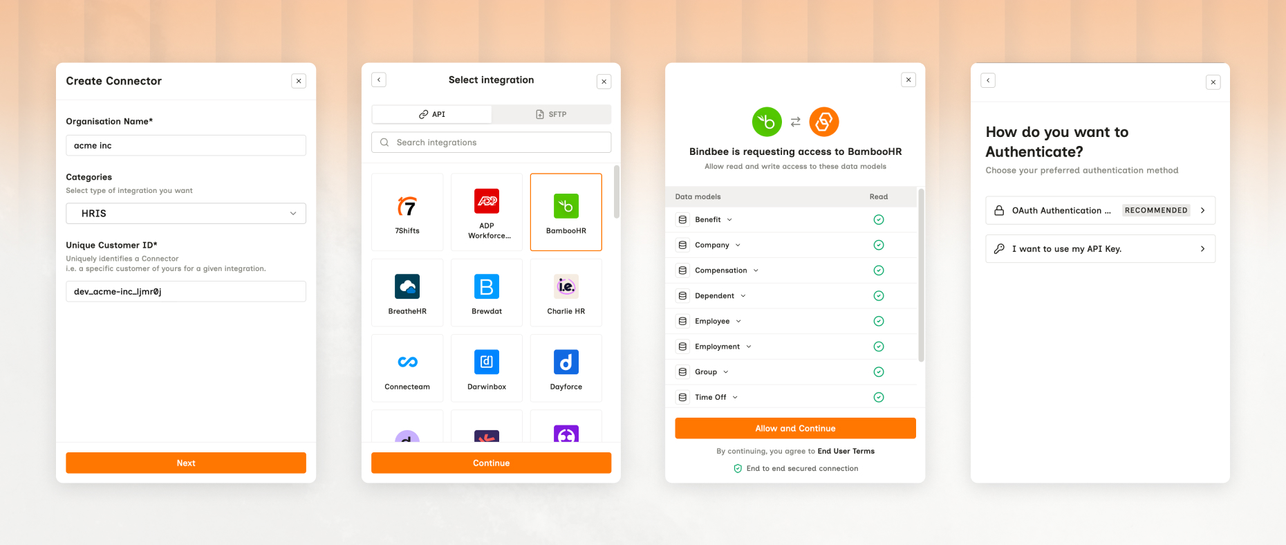 The four Magic Link screens in order: Create Connector with organization name, a category set to HRIS and a Unique Customer ID; Select integration with BambooHR chosen; a consent screen listing data models such as Benefit, Company and Employee with an Allow and Continue button; and a choice between OAuth authentication and an API key