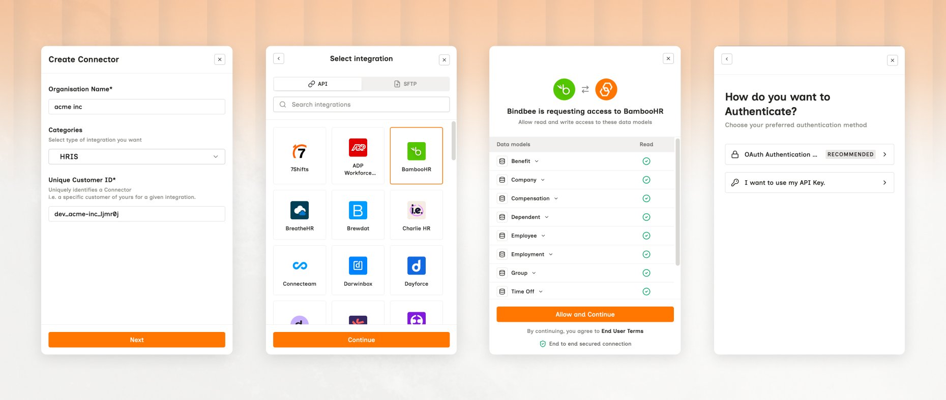 The four Magic Link screens in order: Create Connector with organization name, a category set to HRIS and a Unique Customer ID; Select integration with BambooHR chosen; a consent screen listing data models such as Benefit, Company and Employee with an Allow and Continue button; and a choice between OAuth authentication and an API key
