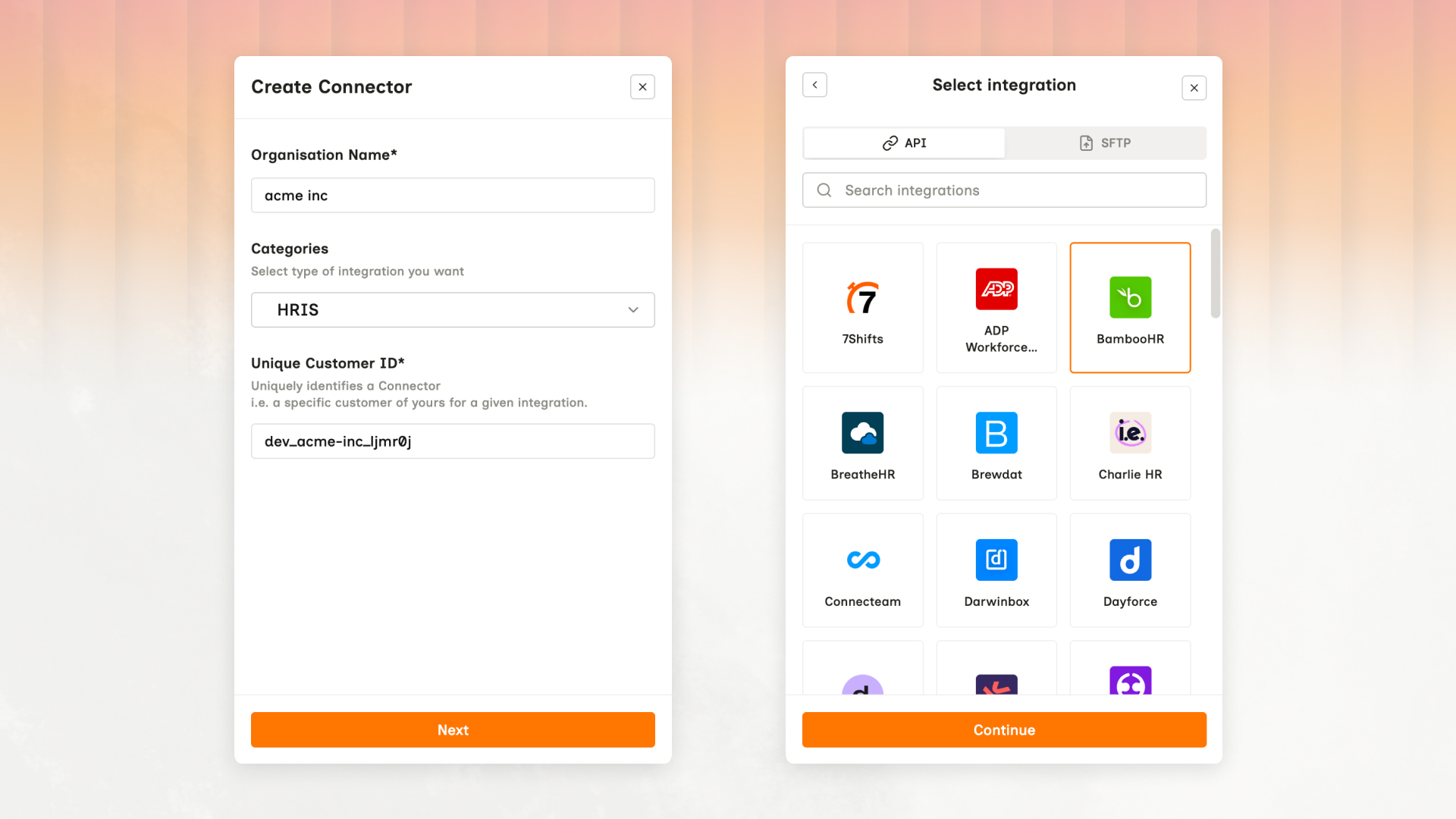 The Create Connector form with an Organisation Name field, a Categories dropdown set to HRIS and a Unique Customer ID field, beside the Select integration panel with API and SFTP tabs and BambooHR selected from the integration grid