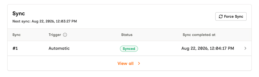 The Sync panel on a connector, listing sync #1 with trigger Automatic, status Synced, and the time it completed, alongside a Force Sync button