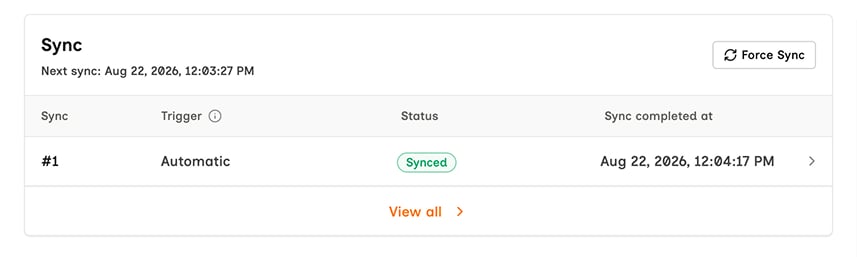 The Sync panel on a connector, listing sync #1 with trigger Automatic, status Synced, and the time it completed, alongside a Force Sync button