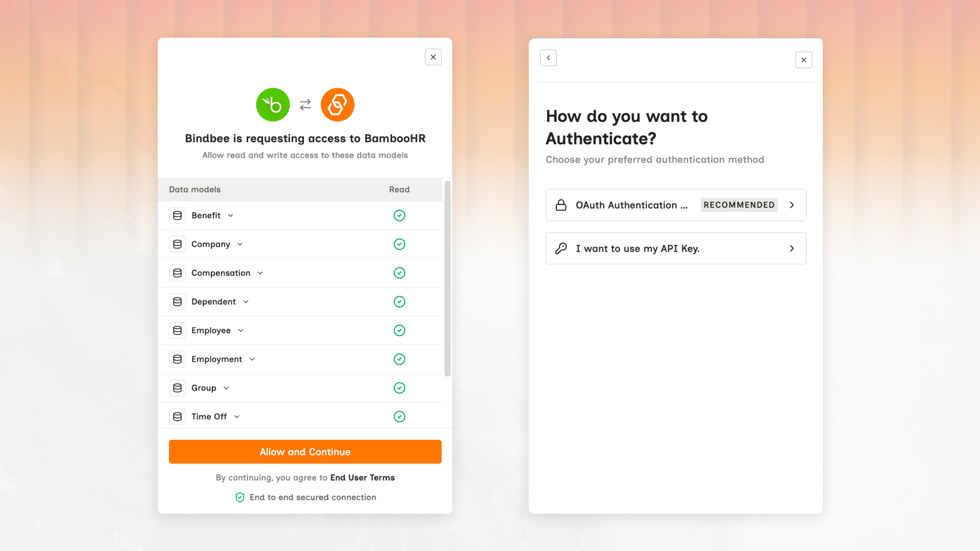 A consent screen reading 'Bindbee is requesting access to BambooHR', listing data models including Benefit, Company, Compensation, Employee, Employment and Time Off with read access ticked and an Allow and Continue button, beside a 'How do you want to Authenticate?' panel offering OAuth Authentication marked Recommended or using your own API key