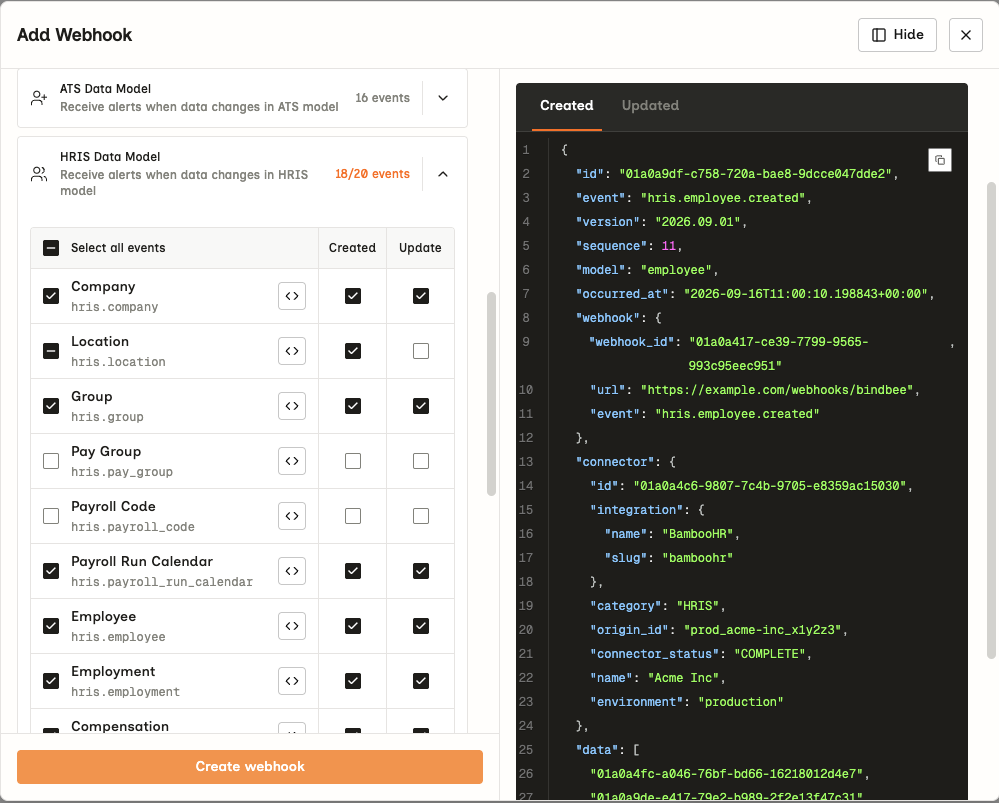 The Add Webhook form with the HRIS Data Model group expanded, showing Created and Update checkboxes per model and the hris.employee.created sample body in the side panel