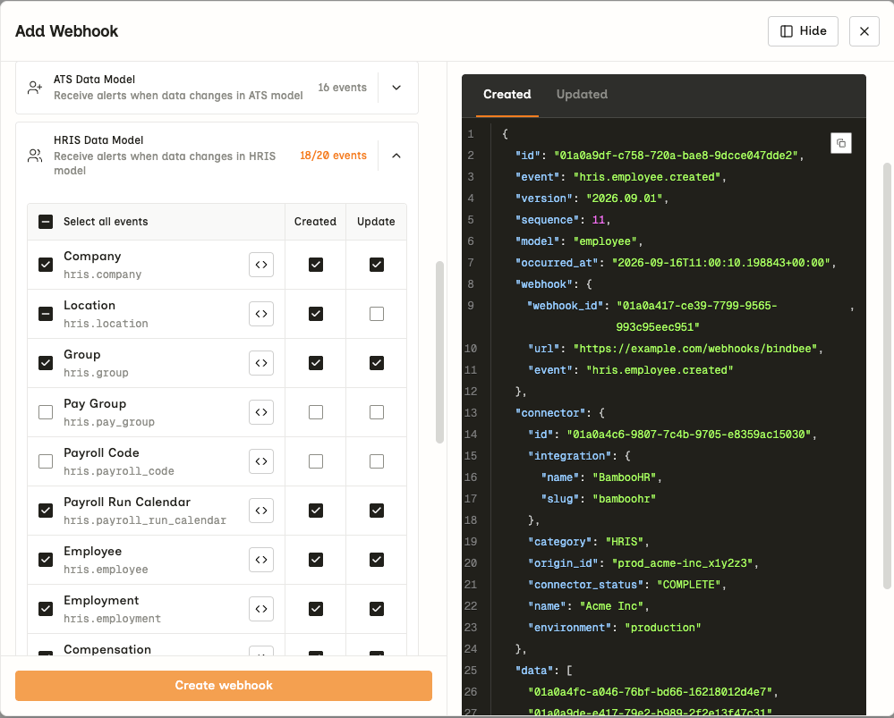 The Add Webhook form with the HRIS Data Model group expanded, showing Created and Update checkboxes per model and the hris.employee.created sample body in the side panel