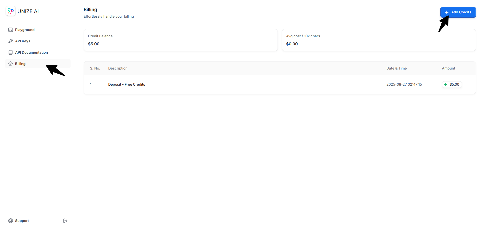 Where to find the Billing page and how to add a credit balance