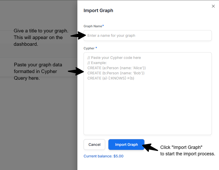 Entering graph name and Cypher data to import a graph