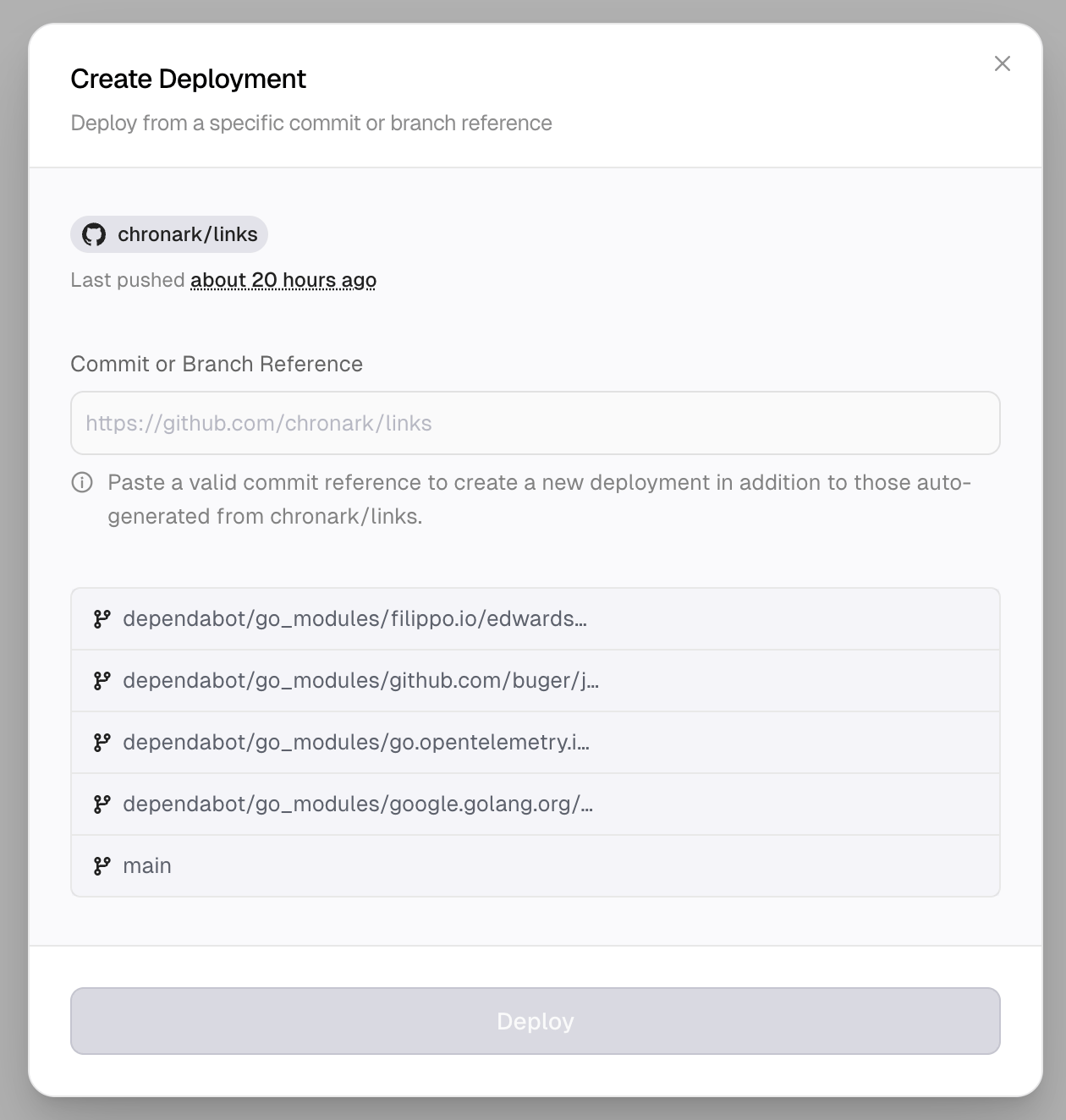 Create deployment dialog