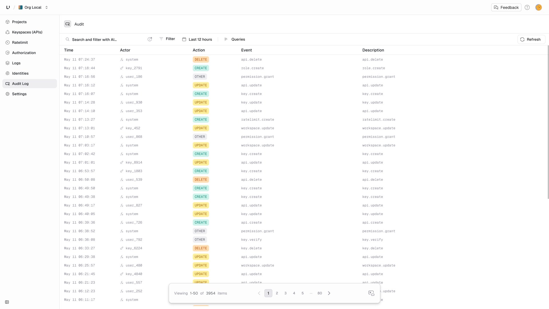 Audit log entries in the Unkey dashboard