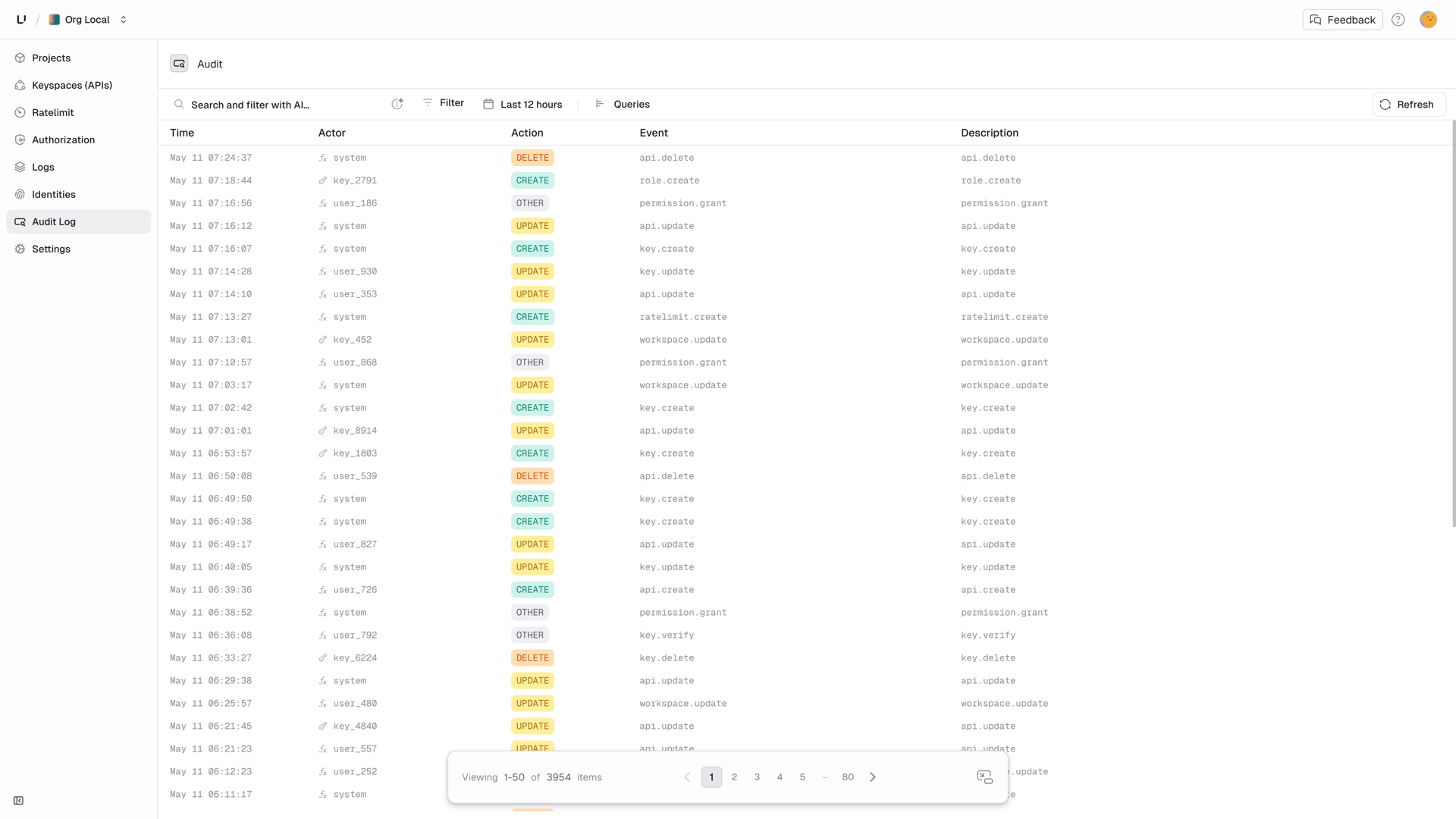 Audit log entries in the Unkey dashboard
