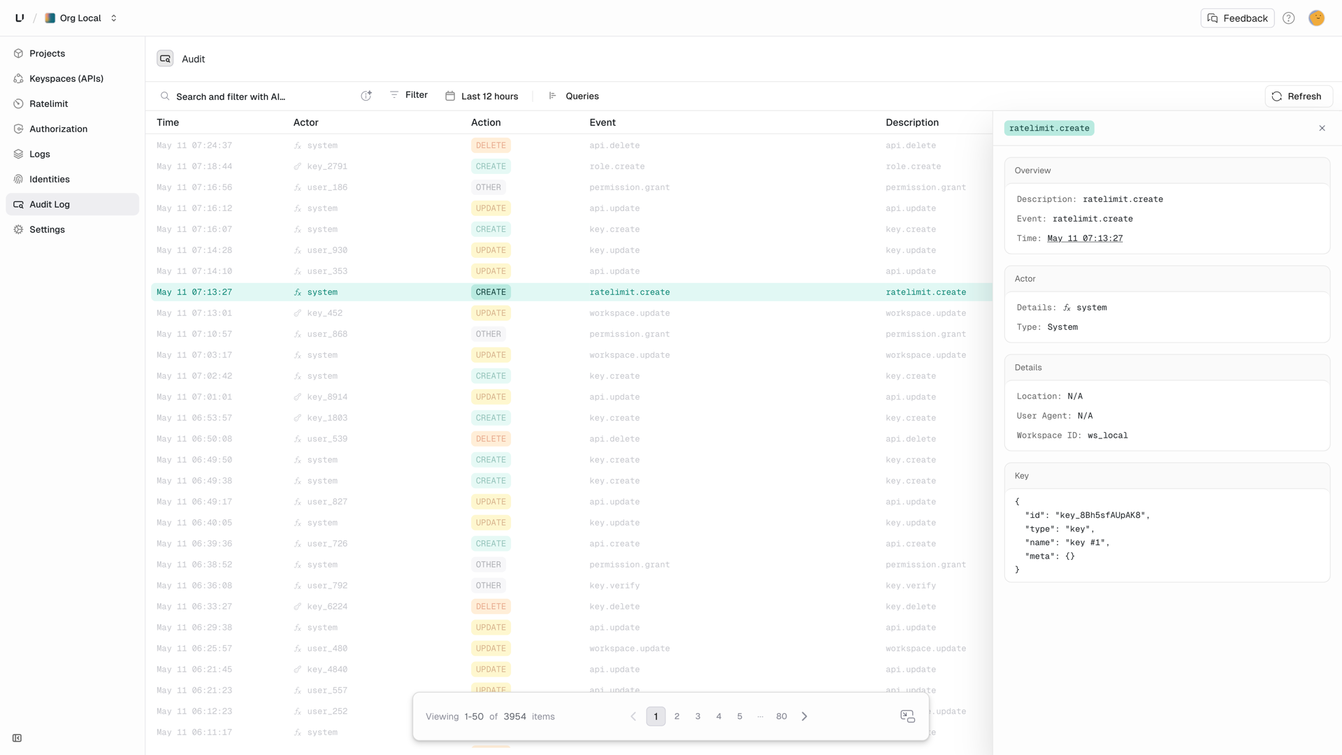 Audit log entry details showing request and response payloads