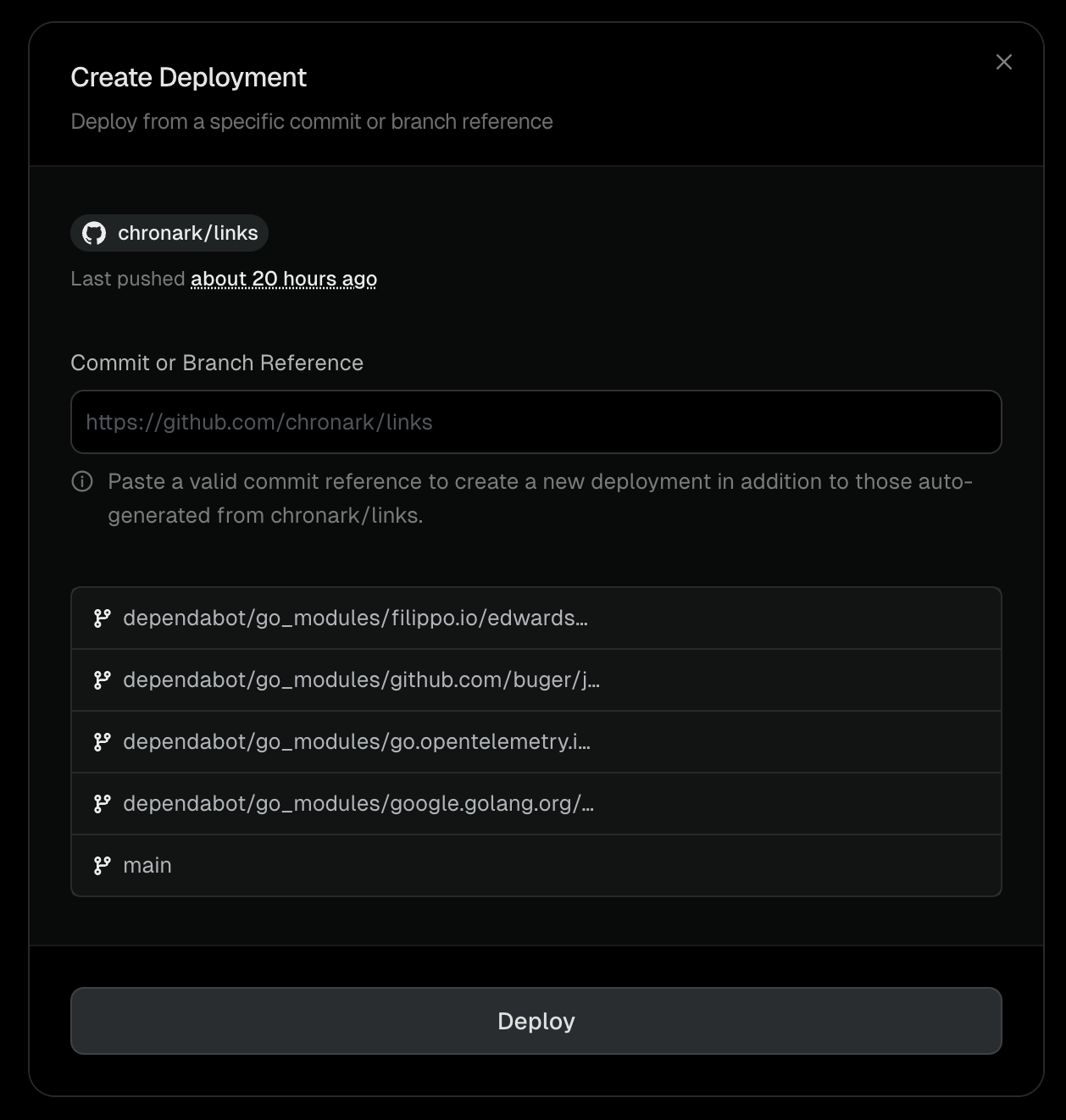 Create deployment dialog