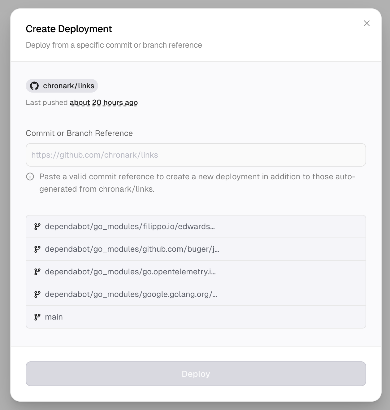 Create deployment dialog