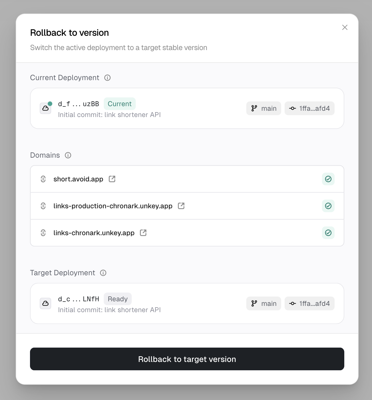 Rollback confirmation dialog