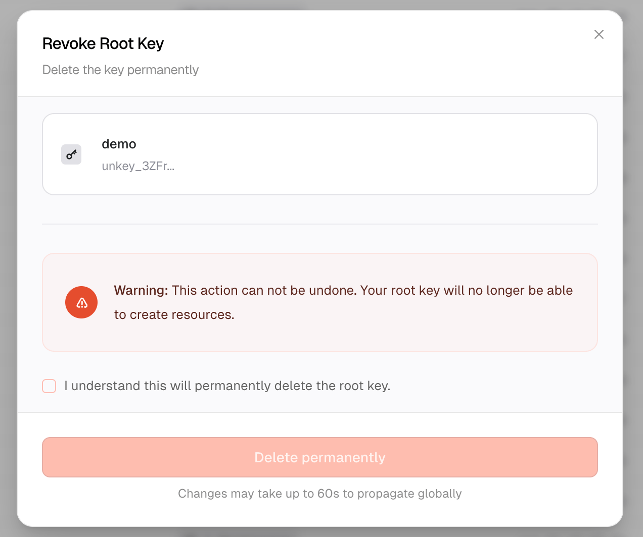 Delete root key confirmation