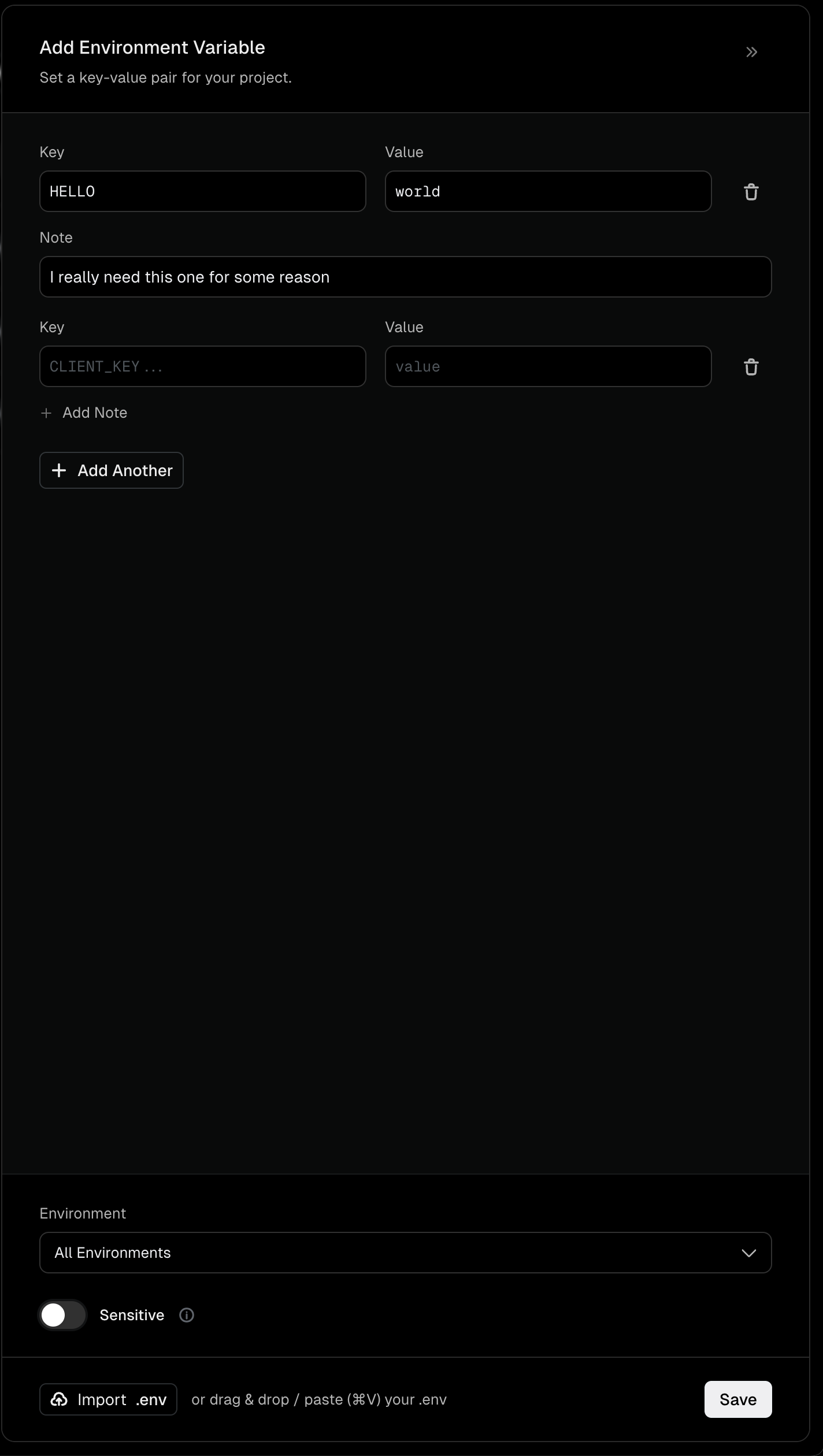 Add environment variable panel
