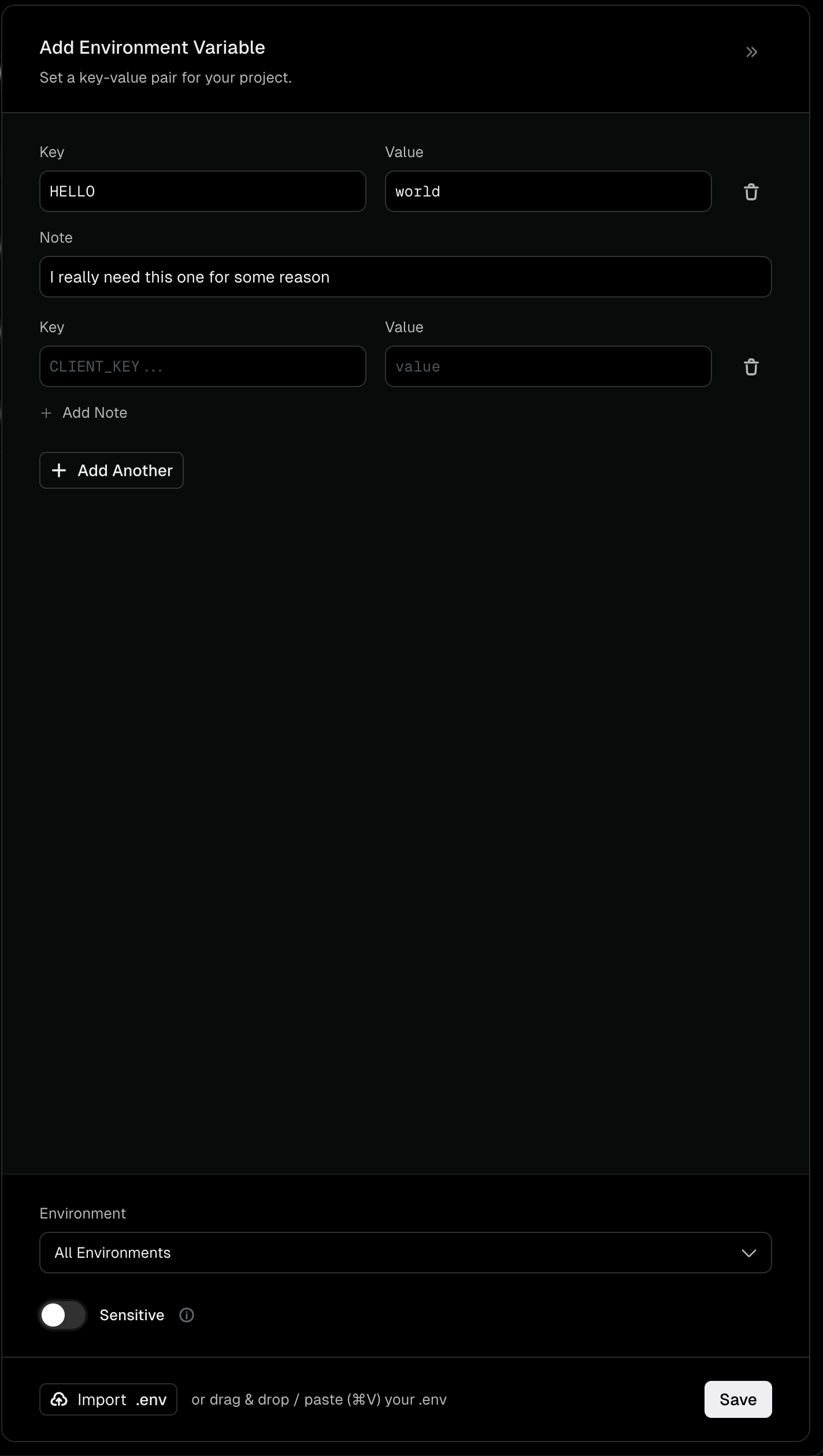 Add environment variable panel