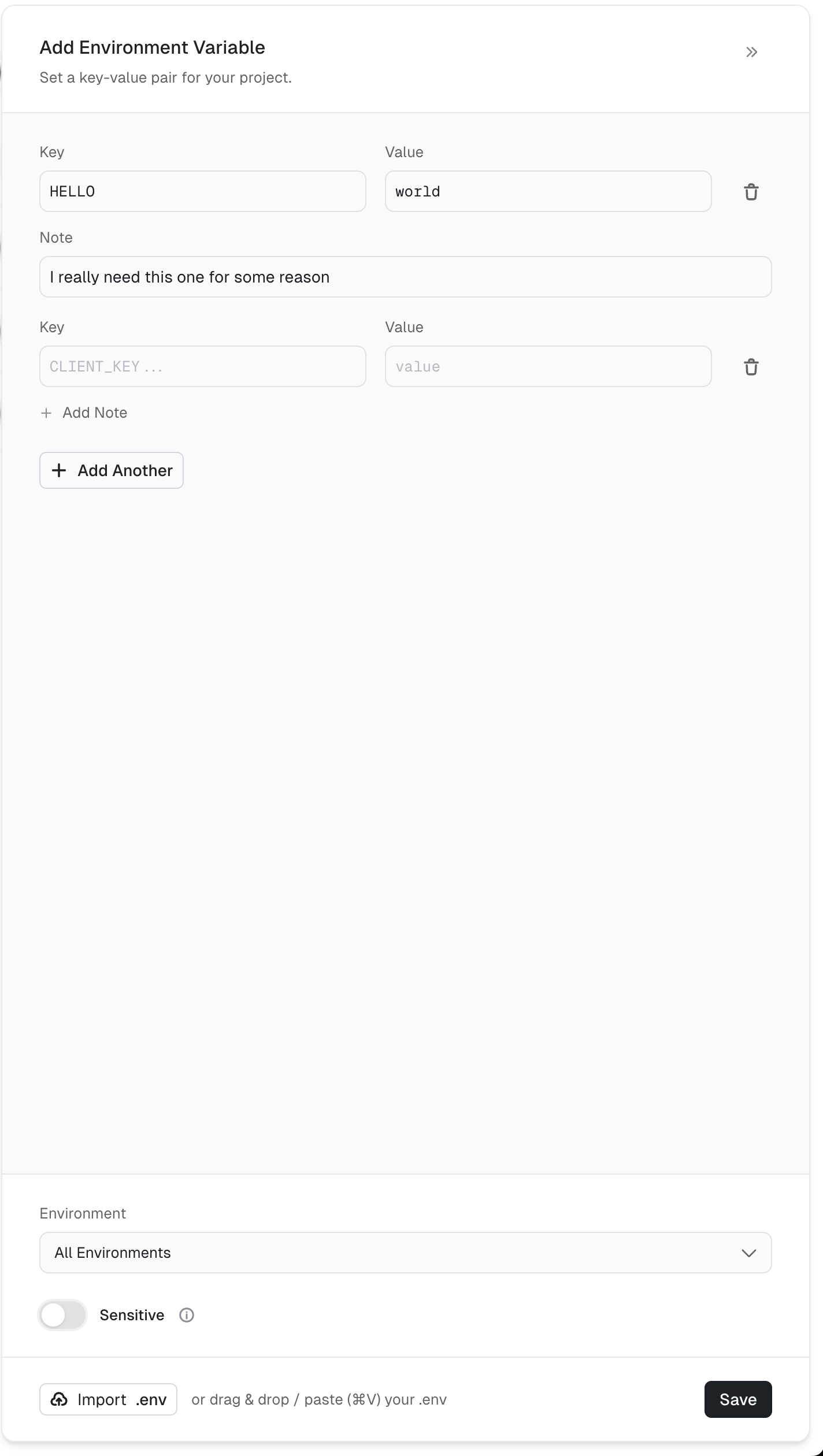 Add environment variable panel