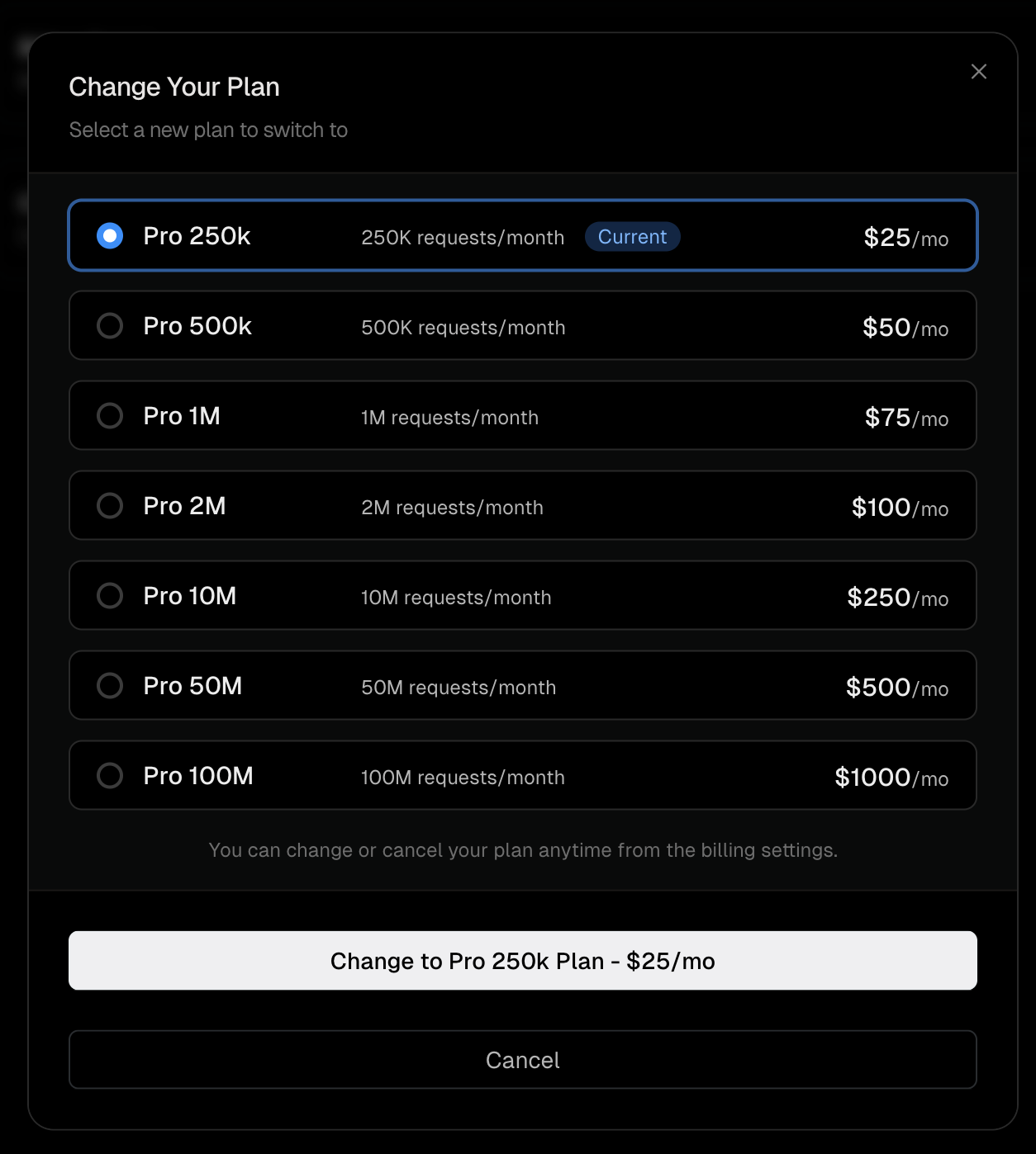 Plan selection modal
