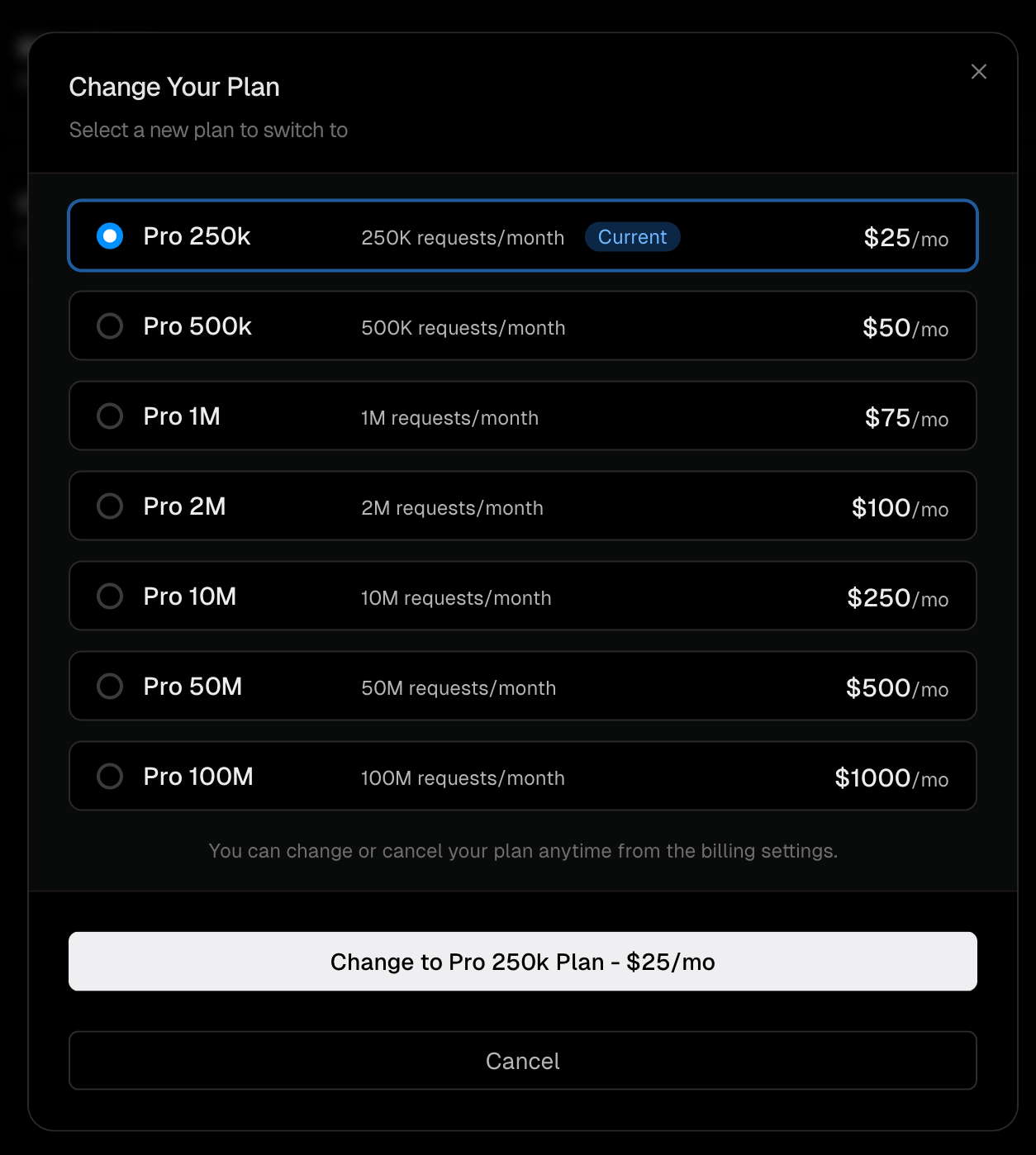 Plan selection modal