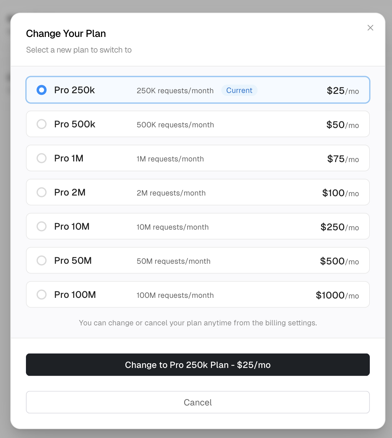 Plan selection modal