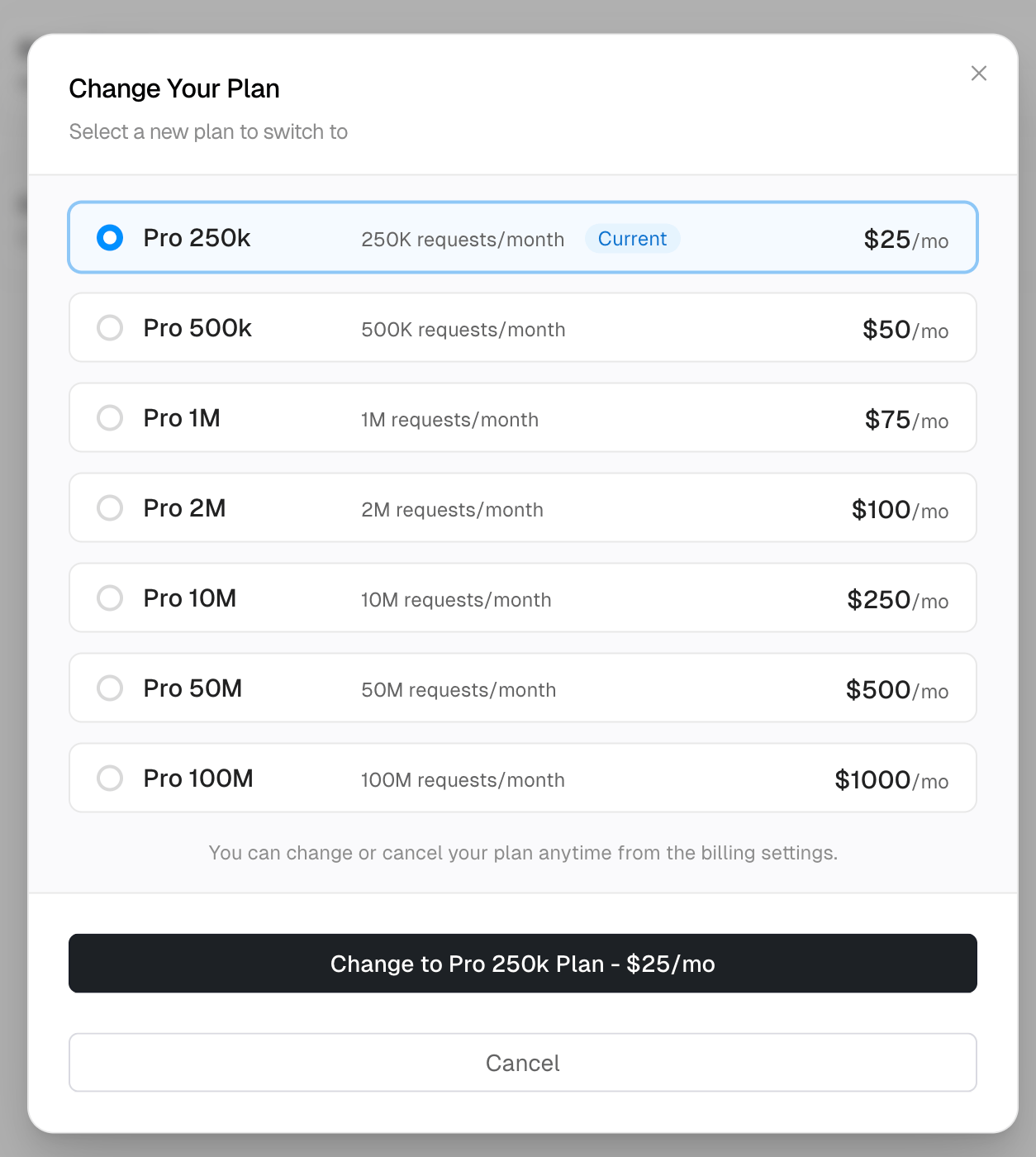 Plan selection modal