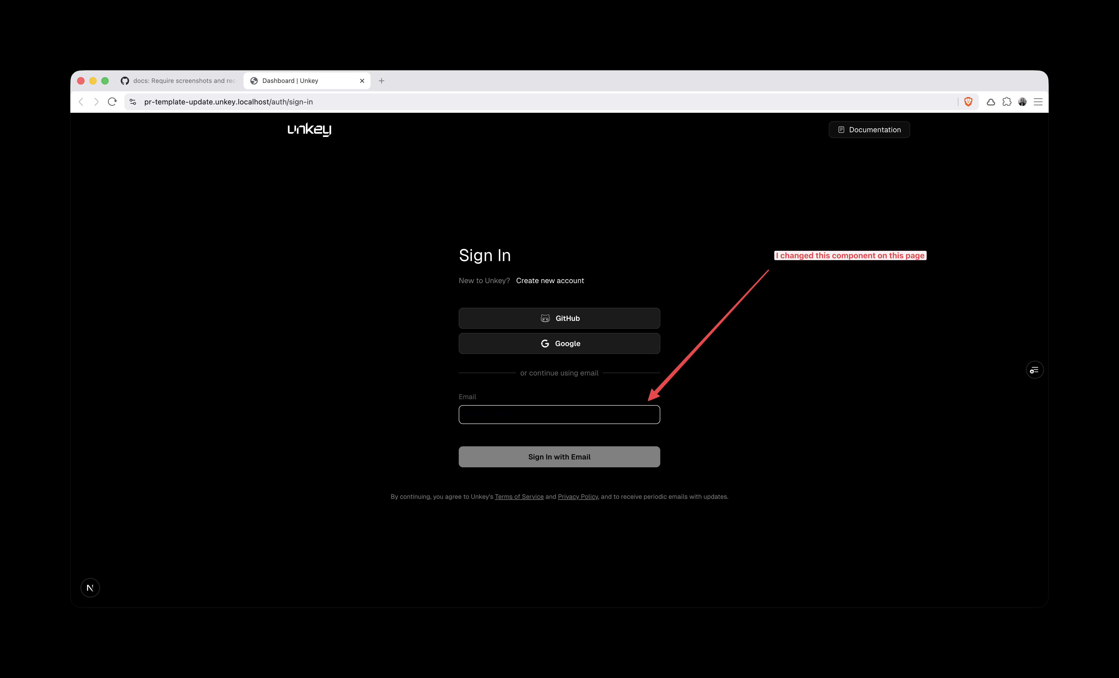 A screenshot of the whole browser window on the sign-in page, with an arrow and a label that point at the email input